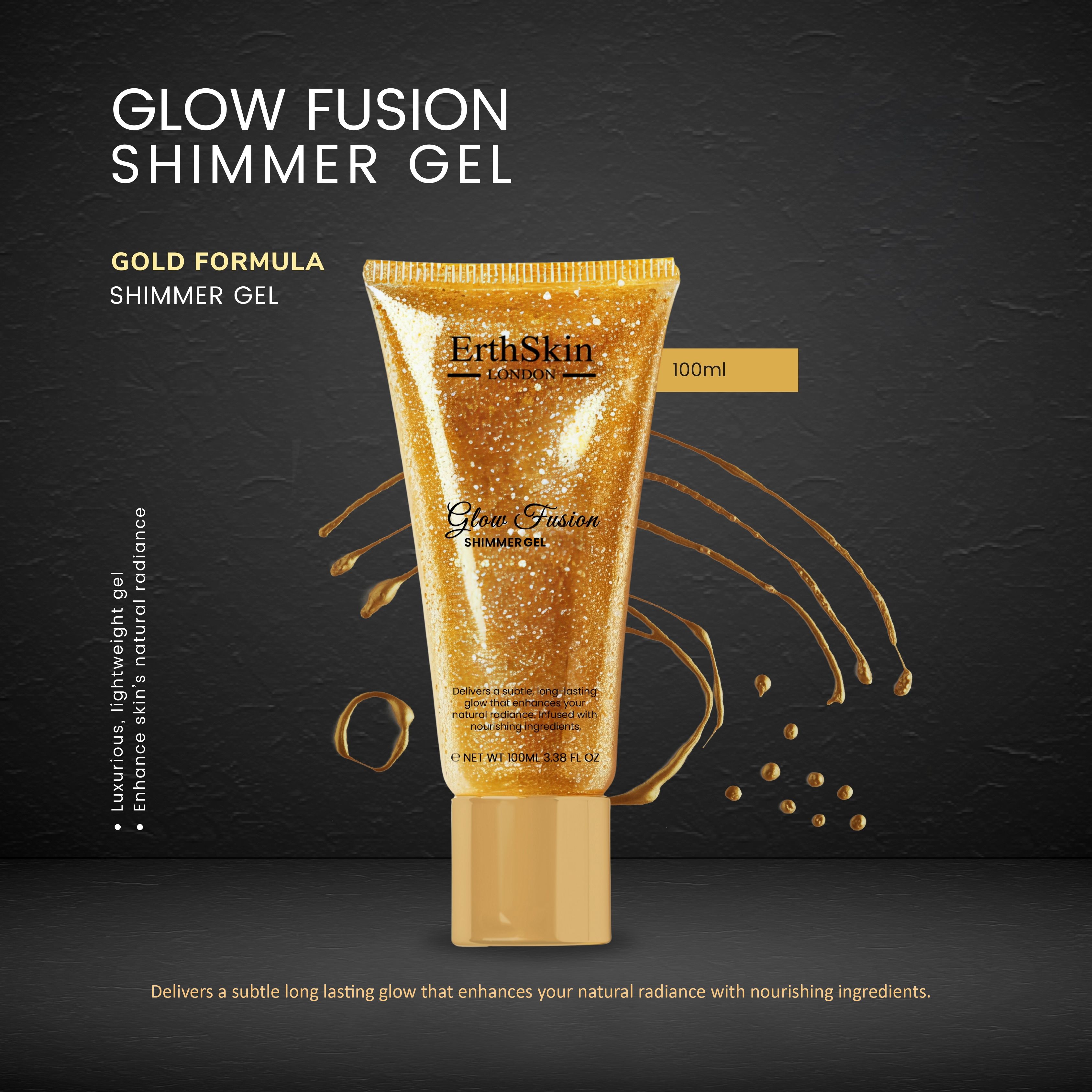 Goldfarbenes Schimmergel in einer Tube. Produkt- und Markenname. Text: Gold Formel, Schimmergel.