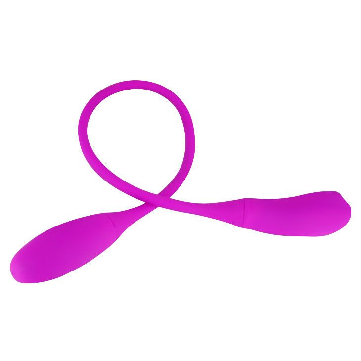 Lila Vibrator mit zwei abgerundeten Enden, verbunden durch einen flexiblen Stiel. Geschwungene Form.