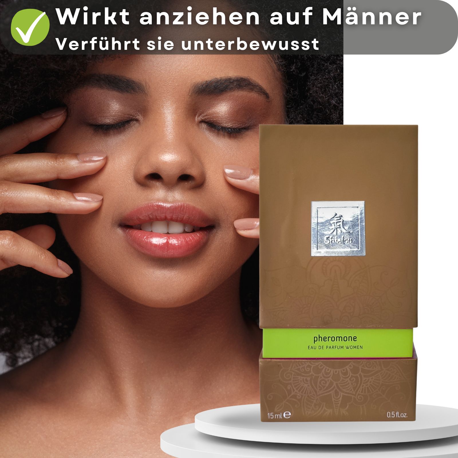 Frau mit Verpackung. Text: Wirkt anziehend auf Männer, verführt sie unterbewusst.