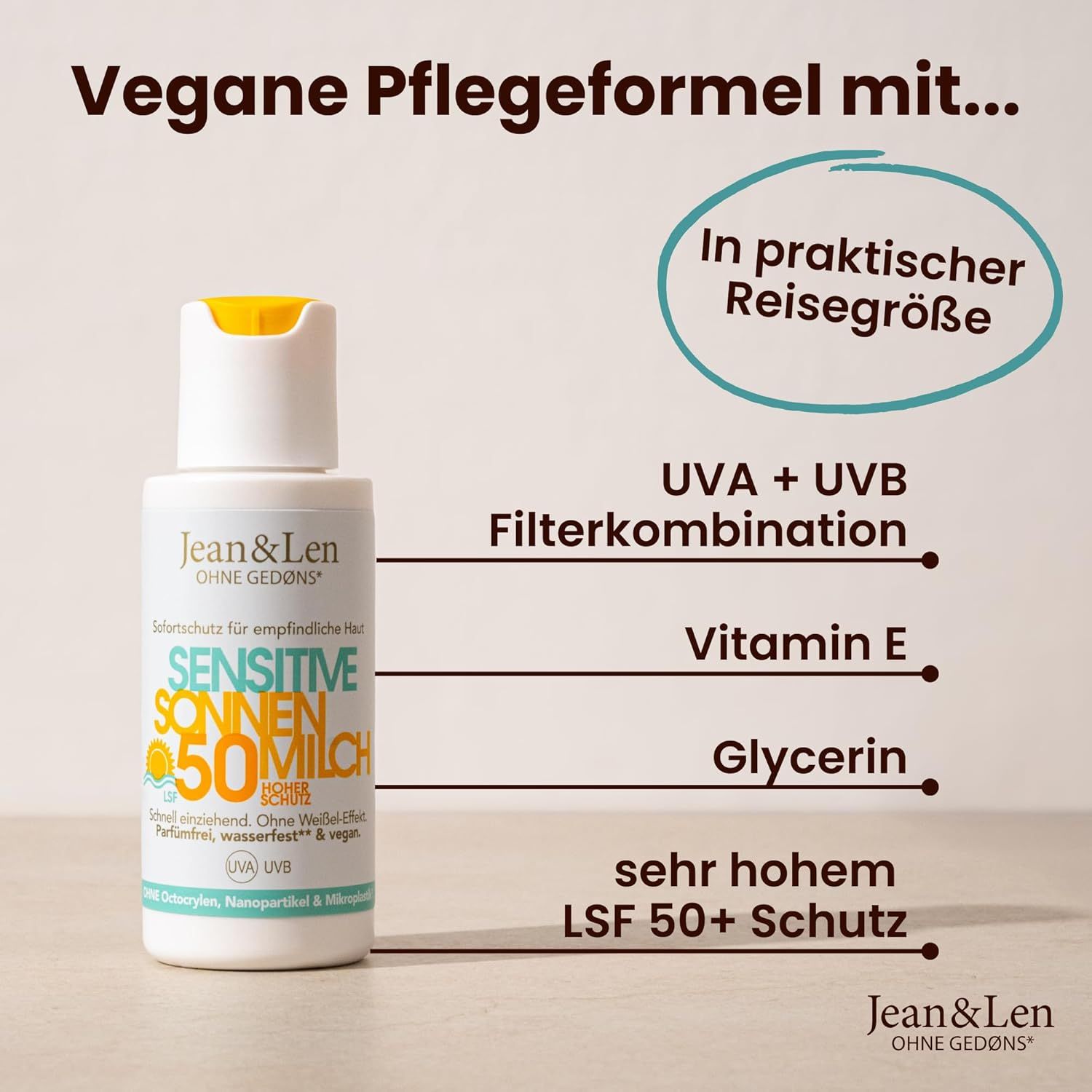 Produktflasche mit Text: Vegane Pflegeformel mit... In praktischer Reisegröße. UVA + UVB, Vitamin E, Glycerin, LSF 50+ Schutz.