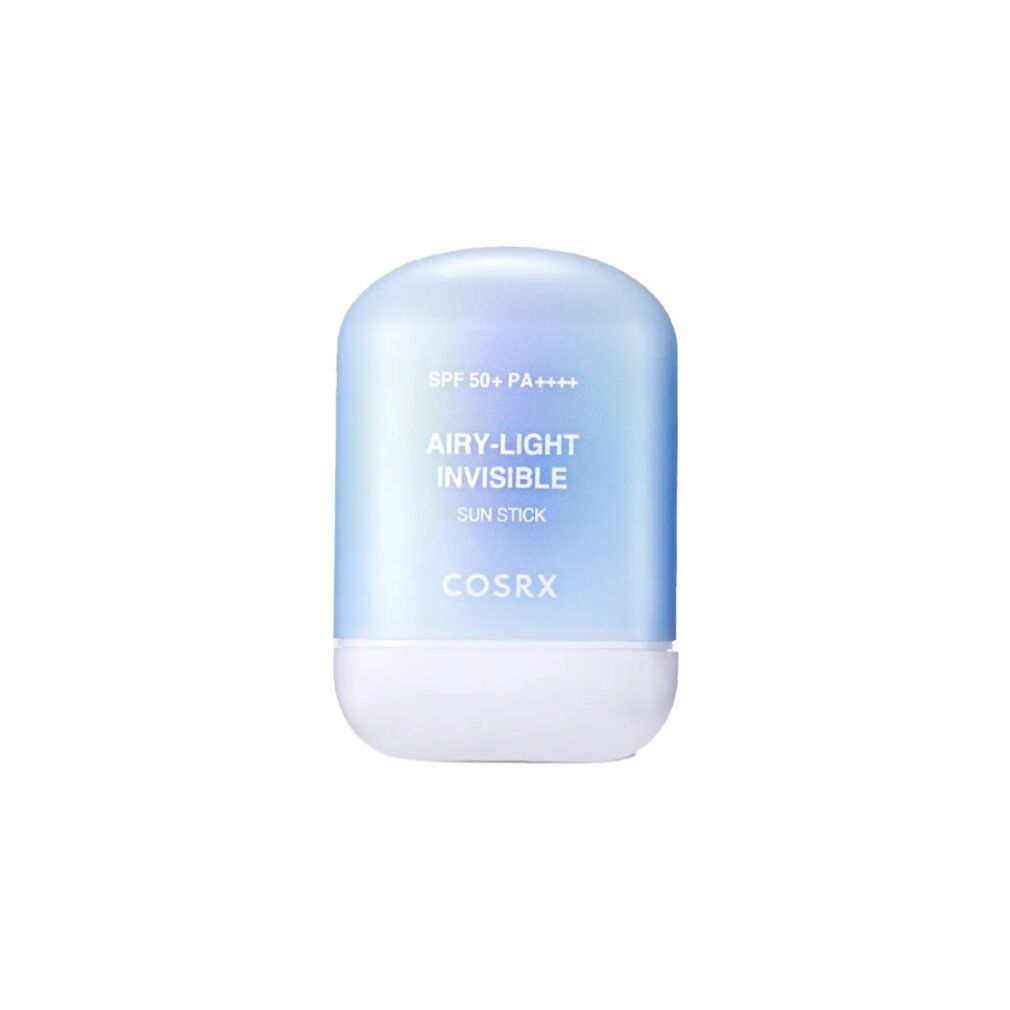 COSRX Airy-Light Invisible Sun Stick mit SPF 50+ PA++++. Blaue und weiße Verpackung.
