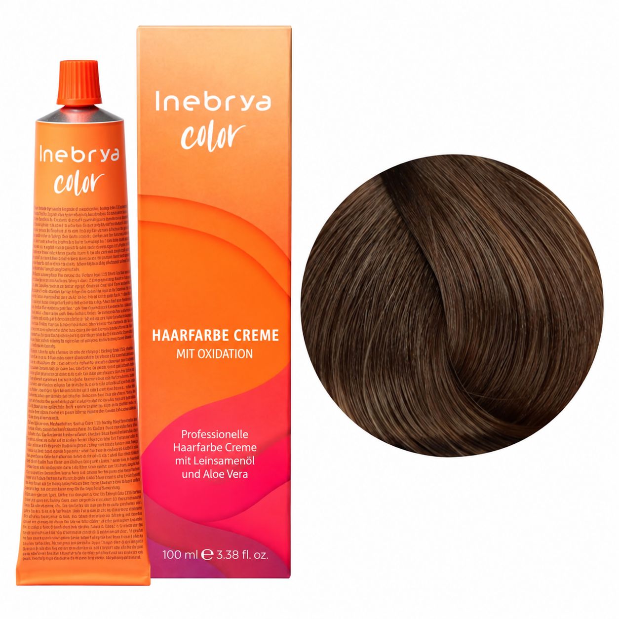 Inebrya Color Haarfarbe Creme in Braun, 100ml Tube und Kartonverpackung mit Farbprobe.