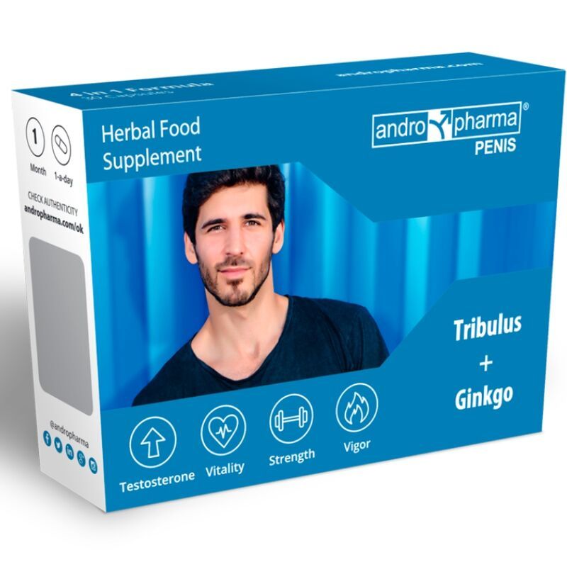 Blaue Schachtel mit einem Mann, Produktnamen und Icons. Enthält 'Tribulus + Ginkgo'. 'andro pharma' Logo sichtbar.