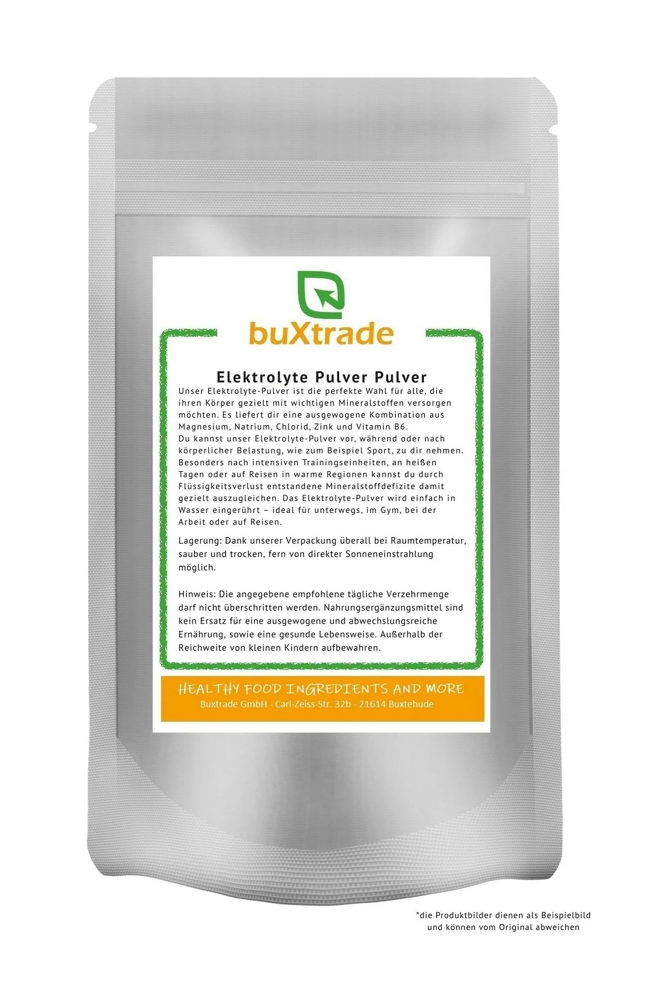 Beutel mit weißem Pulver. Aufdruck: buXtrade Elektrolyte Pulver, grüne Schrift.