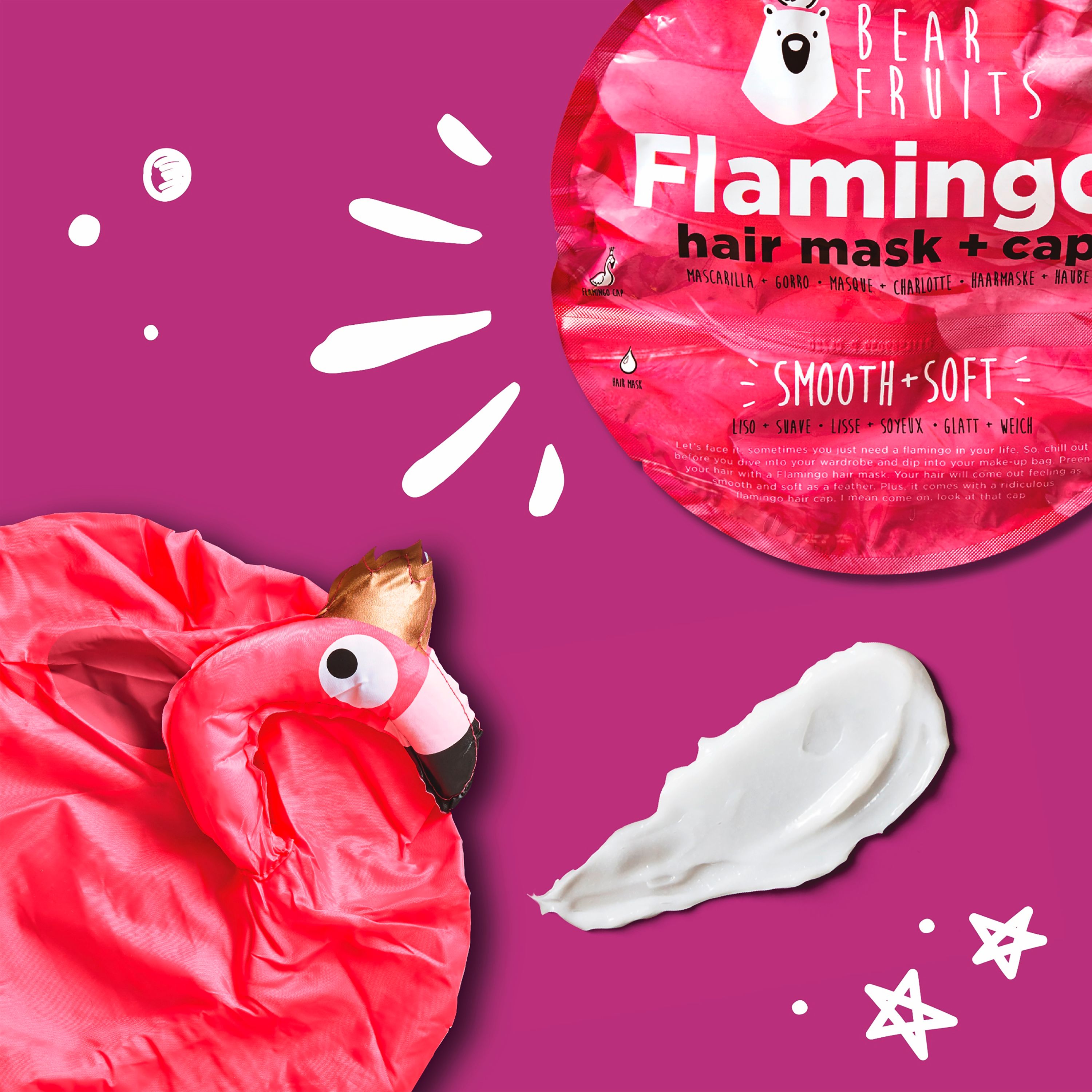 Haarmaske "Flamingo" und Flamingo-Kopfbedeckung. Weiße Creme daneben. Sterne und pinker Hintergrund.