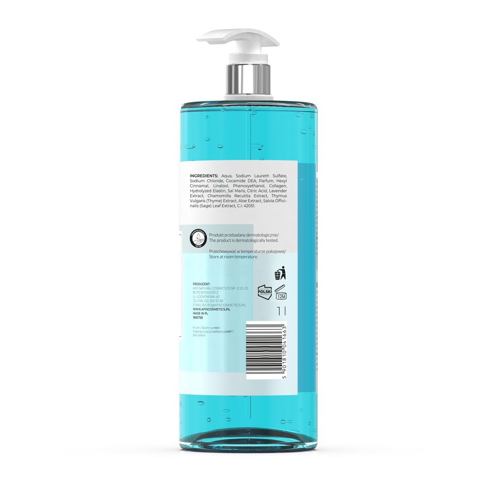 Rückseite einer transparenten Flasche mit blauem Duschgel. Aufschrift: Inhaltsstoffe, 1L, Barcode, Qualitätszeichen.