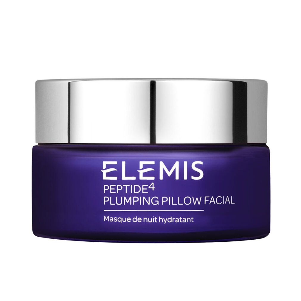 Dunkelblaue Dose mit silbernem Deckel. Aufschrift: Elemis Peptide4 Plumping Pillow Facial.