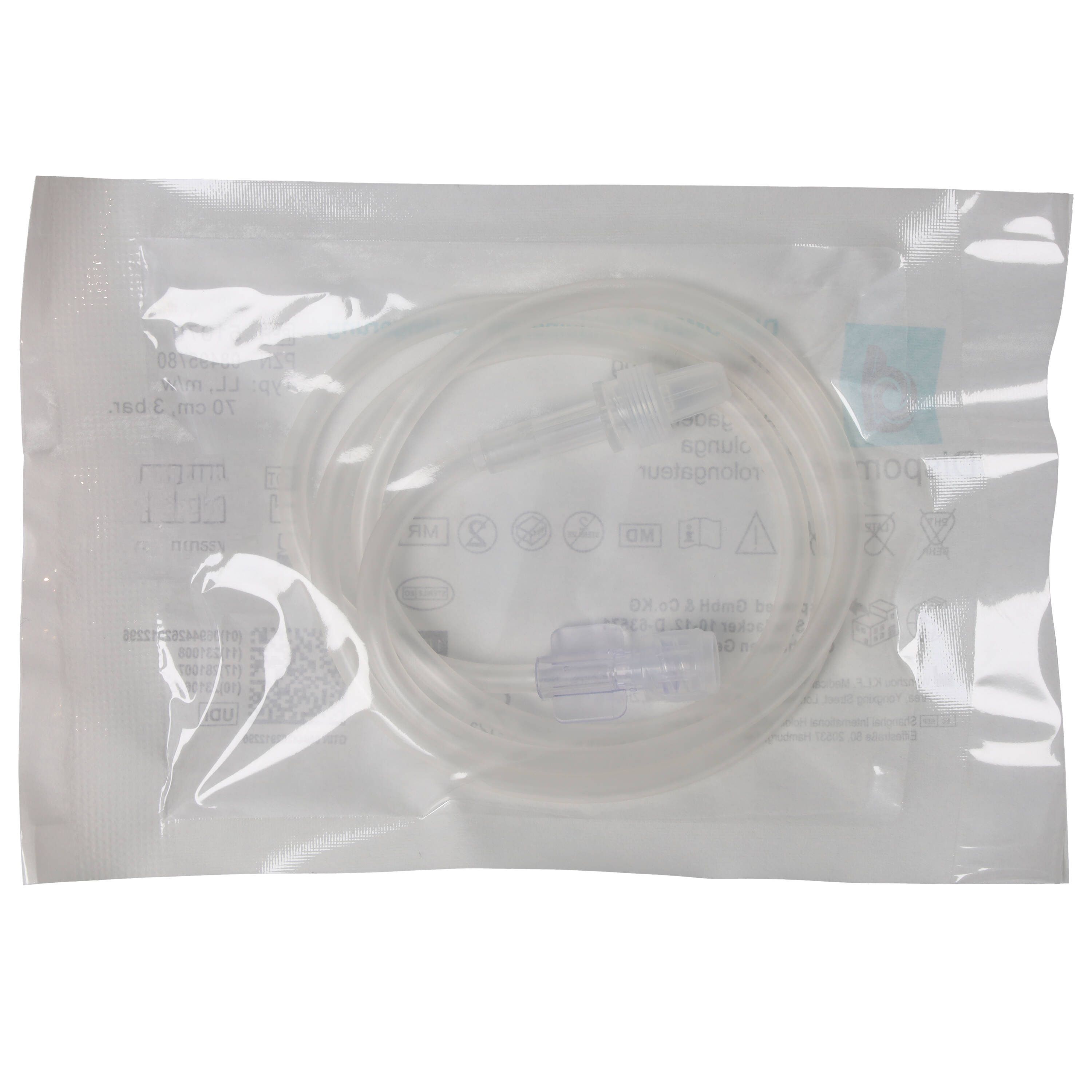 Verlängerungsschlauch in transparenter Verpackung. Anschlüsse sichtbar. Medizinprodukt.