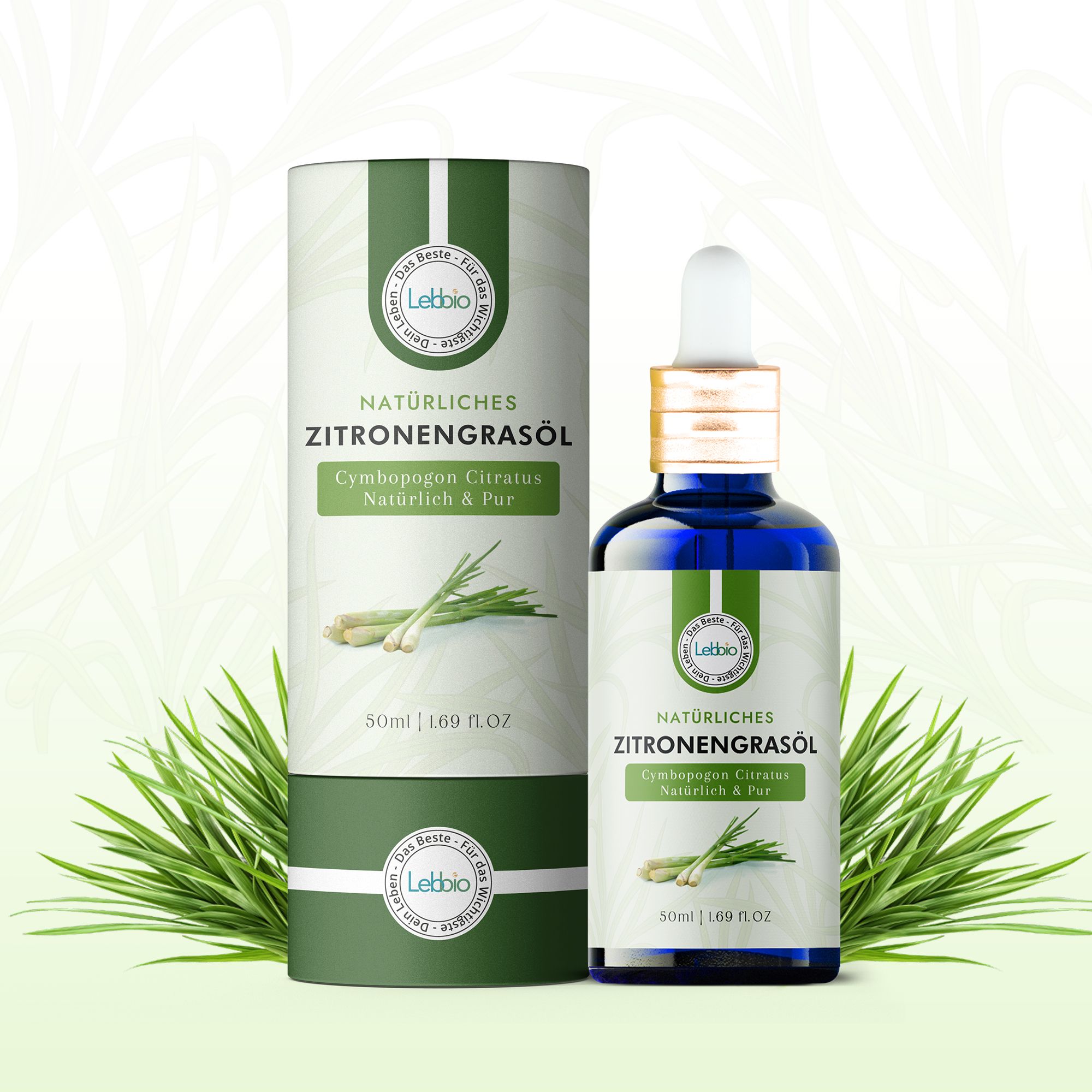 Blaue Glasflasche mit Pipette und zylindrischer Verpackung. Aufschrift: Natürliches Zitronengrasöl. Abbildung von Zitronengras.