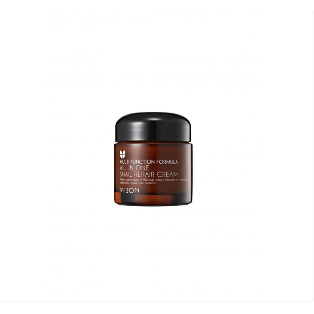 Braune Creme-Dose mit schwarzem Deckel. Aufschrift: Multi Function Formula All In One Snail Repair Cream. Marke: MIZON.