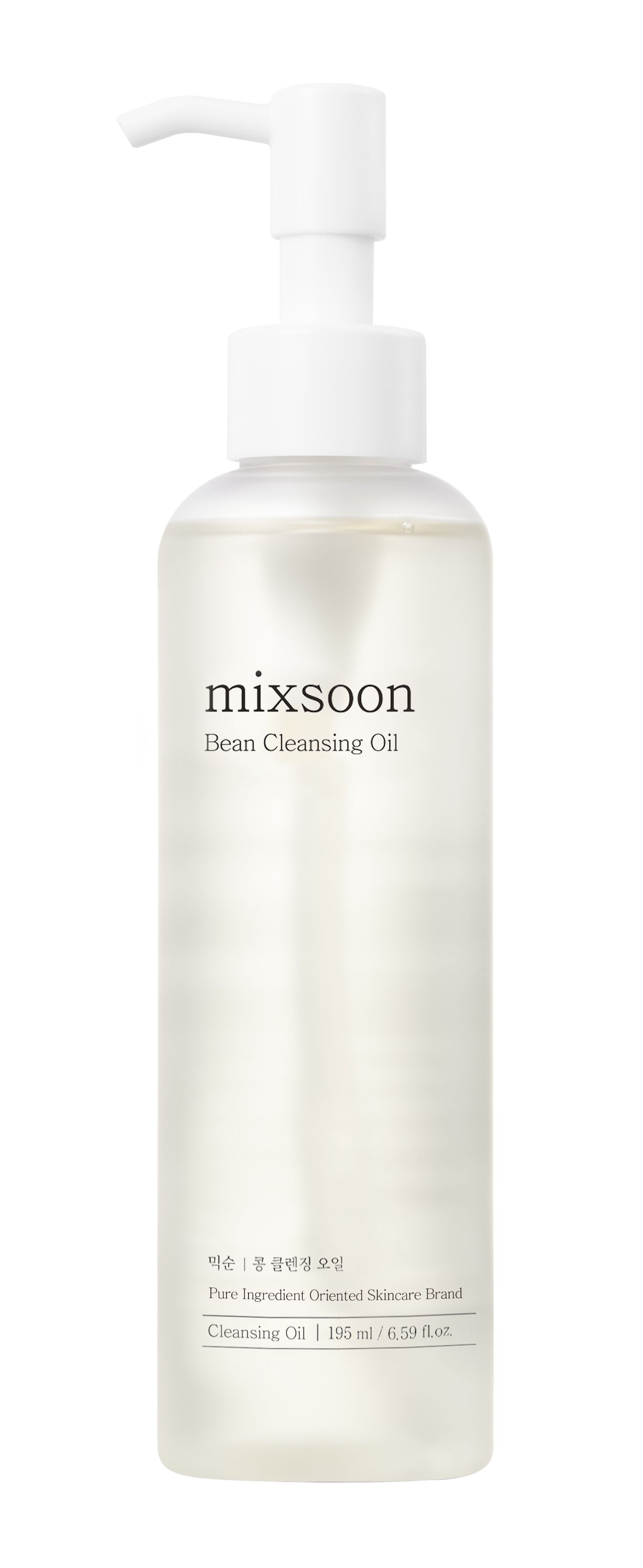 Transparente Flasche mit weißem Pumpverschluss. Aufschrift: mixsoon Bean Cleansing Oil.