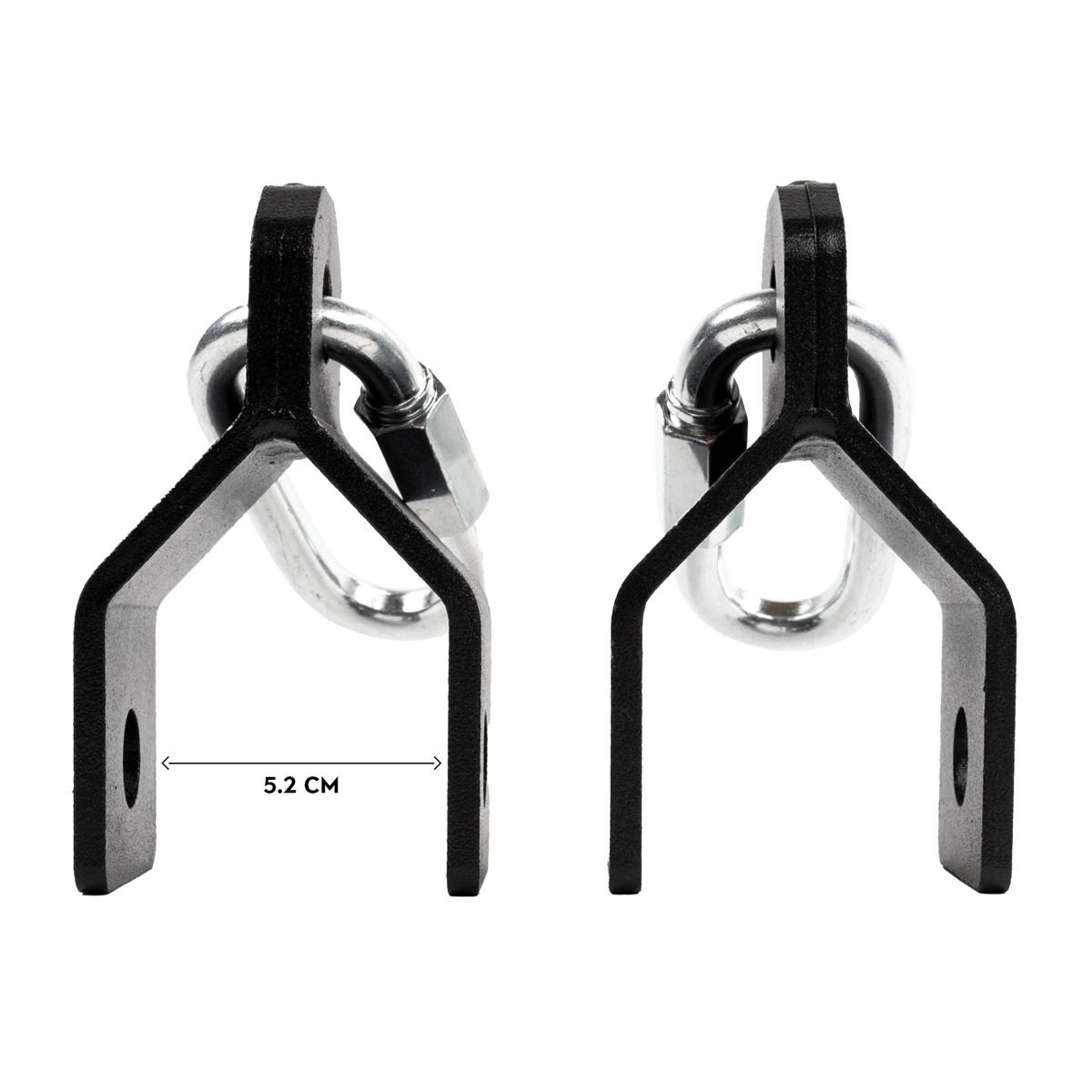 Zwei schwarze Stahl-Turnringbefestigungen mit silbernen Ringen. Die Breite beträgt 5,2 cm. Jede Halterung hat Löcher zur Befestigung.