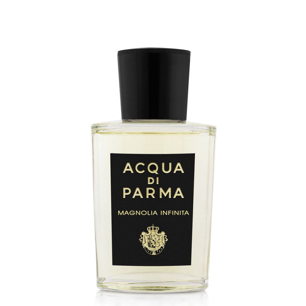 Parfümflasche mit schwarzem Verschluss. Schwarzes Etikett mit weißer Schrift: ACQUA DI PARMA, MAGNOLIA INFINITA. Goldfarbenes Wappen.