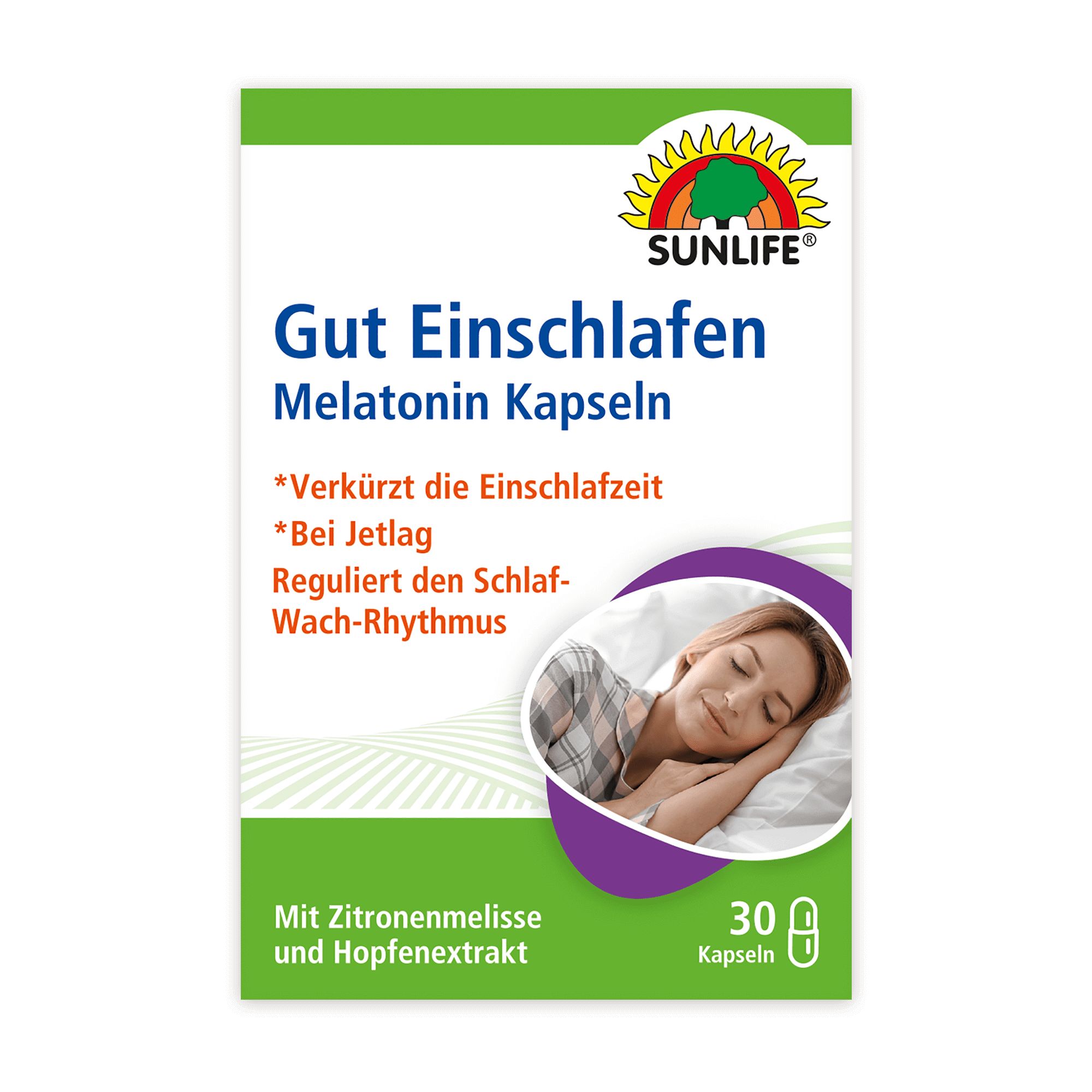 Schachtel mit SUNLIFE® Melatonin Kapseln. Aufschrift: Gut Einschlafen, 30 Kapseln. Enthält Zitronenmelisse und Hopfenextrakt.