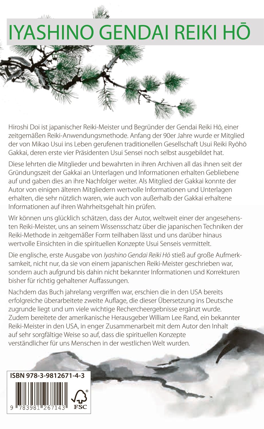 Rückseite des Buches "IYASHINO GENDAI REIKI HŌ". Text in Deutsch. ISBN-Code und Logo.