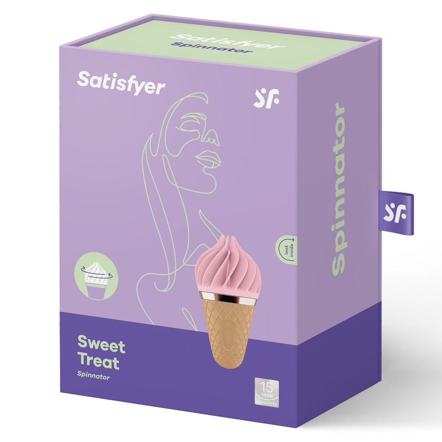 Rosa Zungenspinnator in Eiswaffelform, neben Verpackung. Verpackung mit Produktabbildung und Schriftzug 'Satisfyer Spinnator'.
