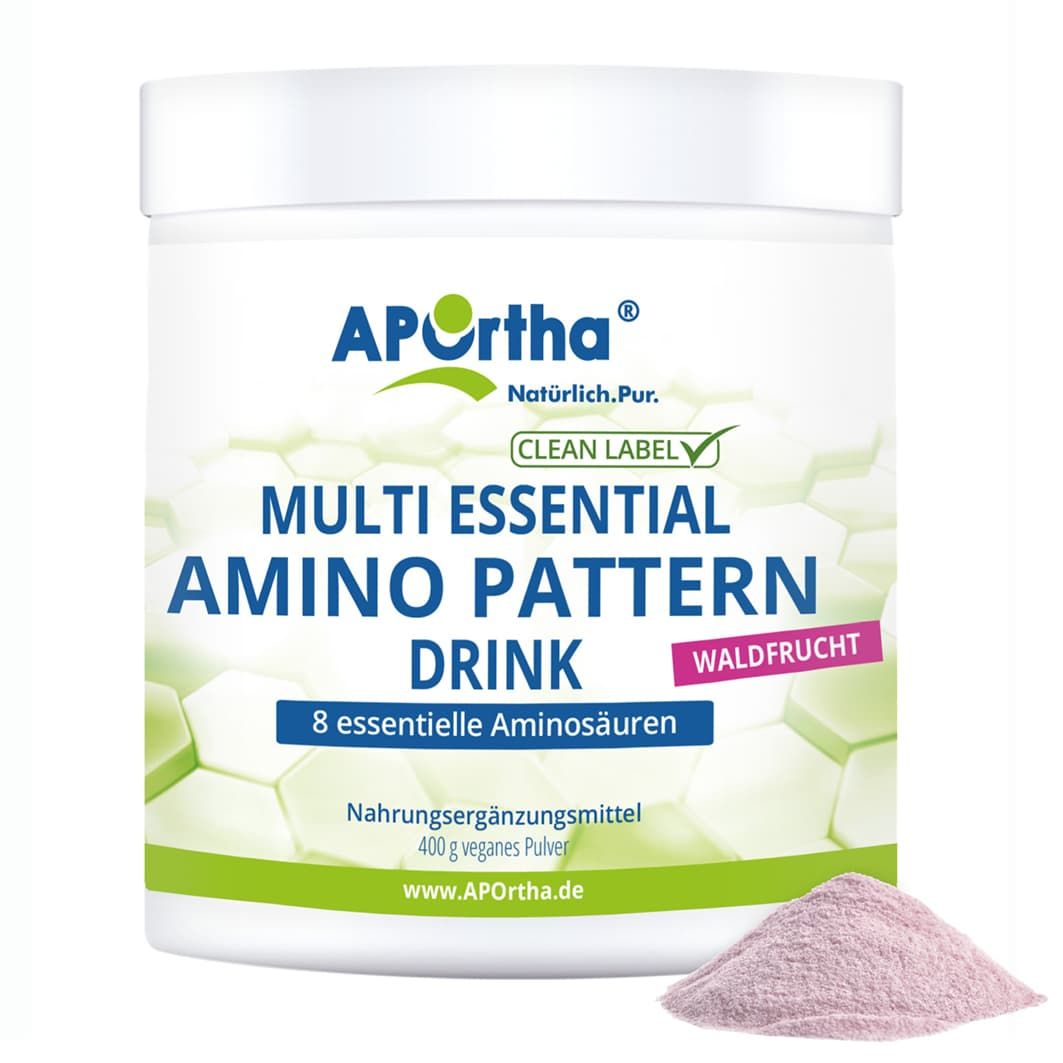 Produktabbildung: Dose mit Pulver.  Text: Multi Essential Amino Pattern Drink.  Zusätzlich Pulver daneben.