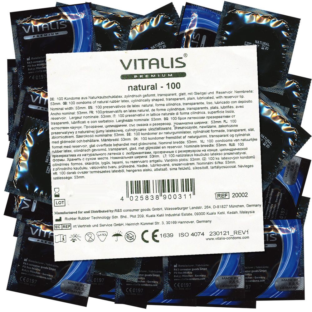 Packung mit Kondomen. Schwarze Einzelverpackungen mit blauem Streifen. Aufdruck: VITALIS PREMIUM natural - 100.