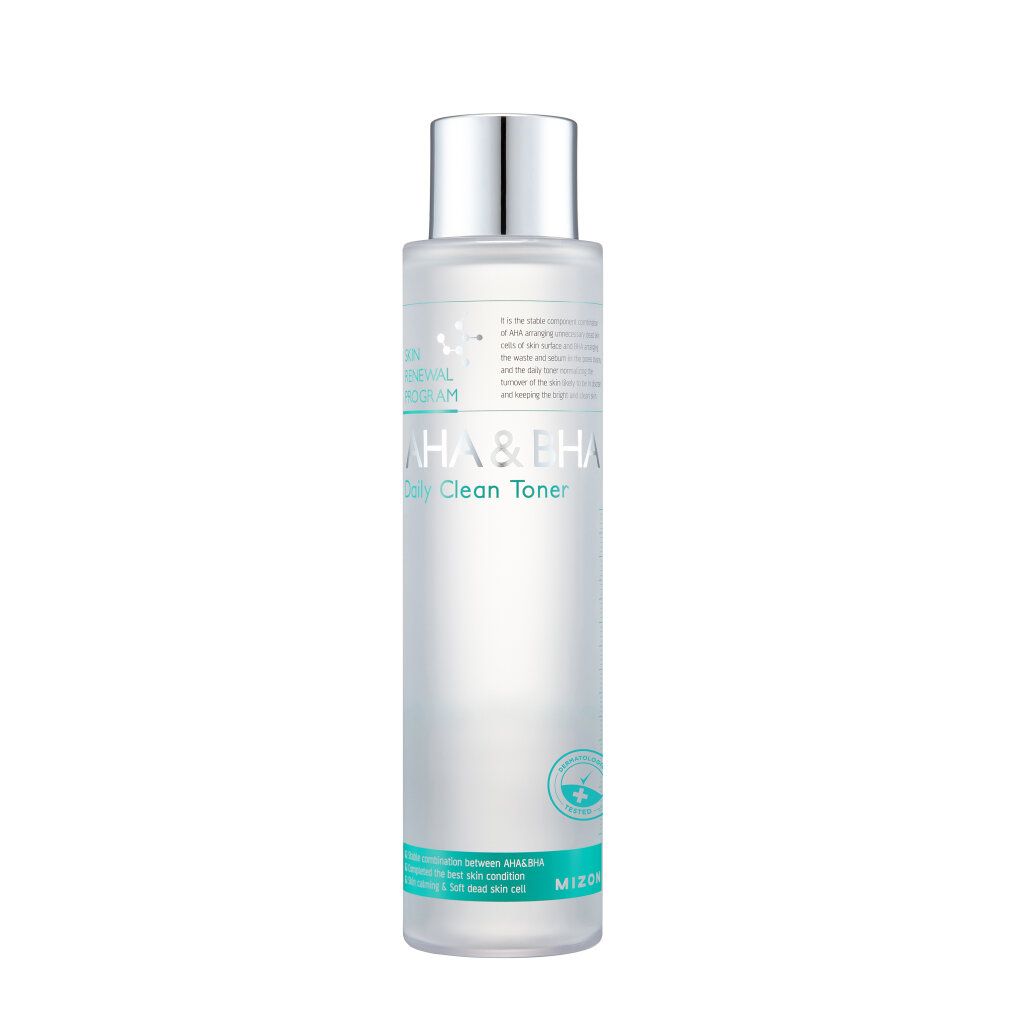MIZON AHA & BHA Daily Clean Toner in klarer Flasche mit silbernem Verschluss, auf weißem Hintergrund.