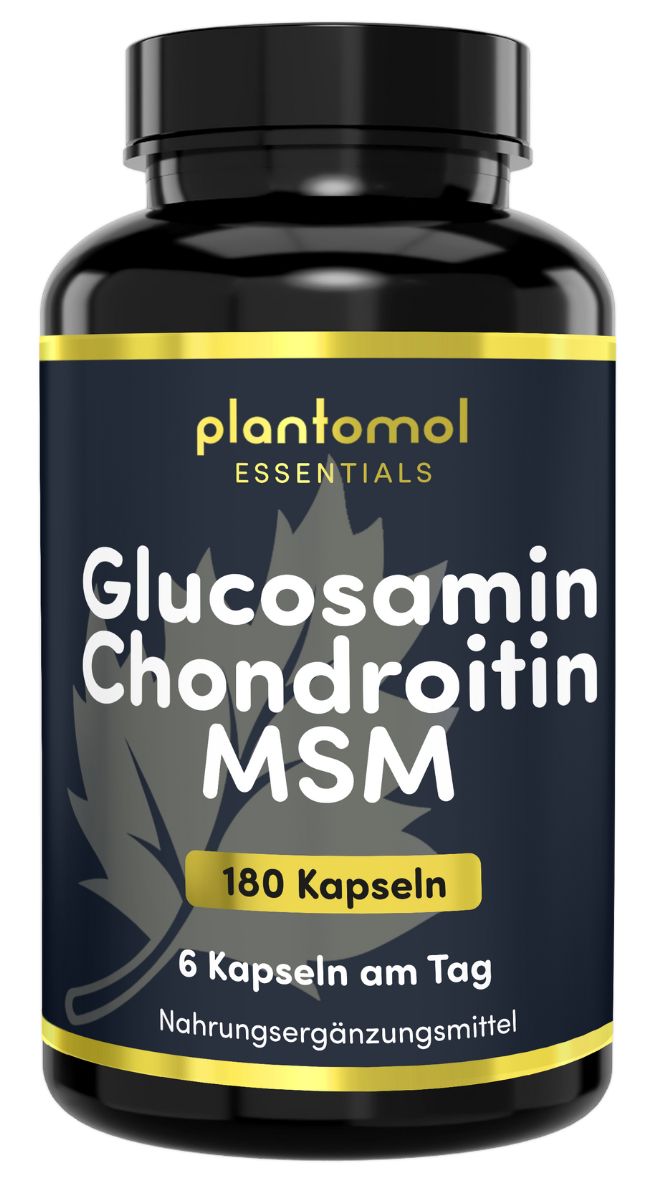 Schwarze Flasche mit Etikett: plantomol Essentials, Glucosamin Chondroitin MSM, 180 Kapseln, 6 Kapseln am Tag.