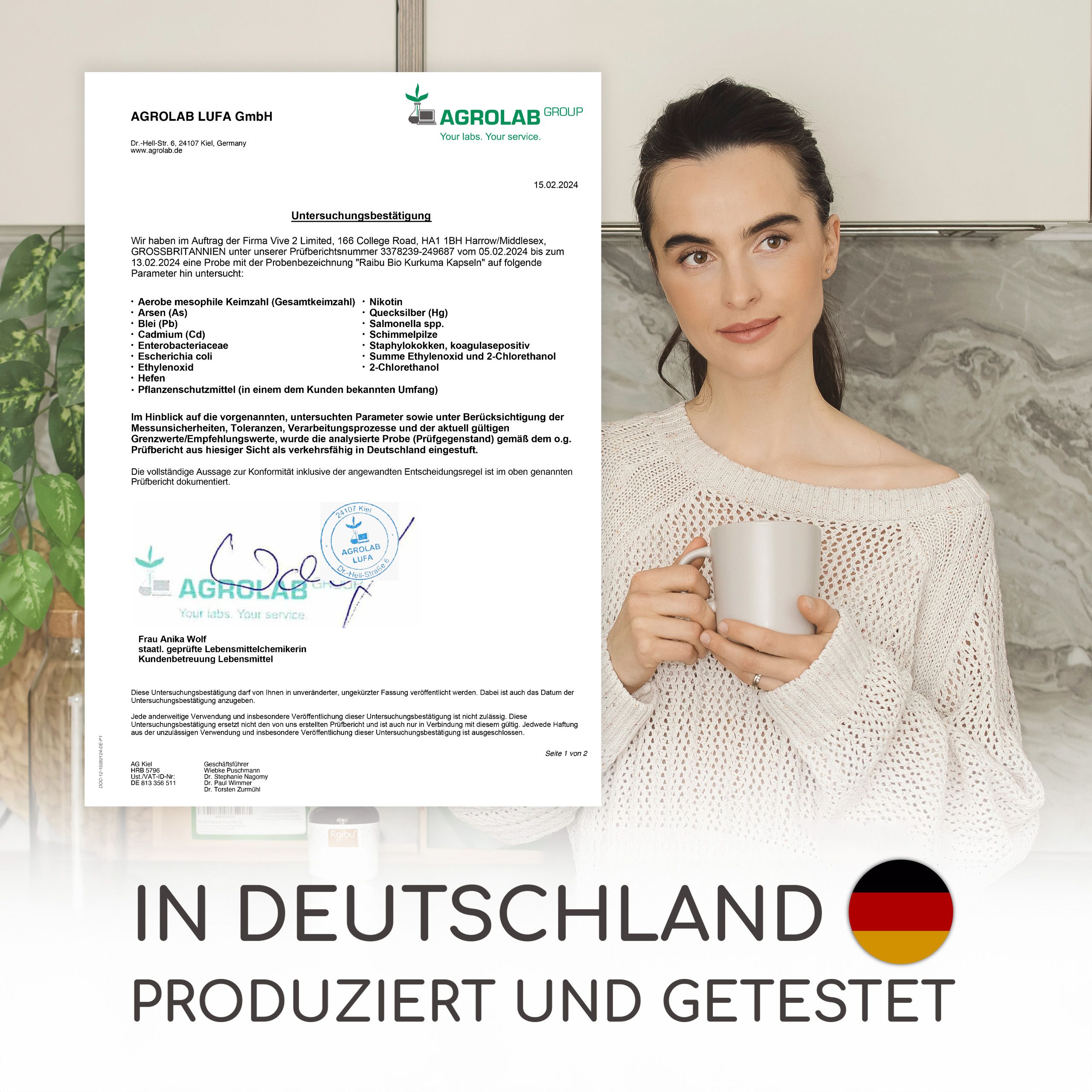 Zertifikat und Frau mit Tasse. Text: In Deutschland produziert und getestet. Logo: Agrolab LUFA GmbH.