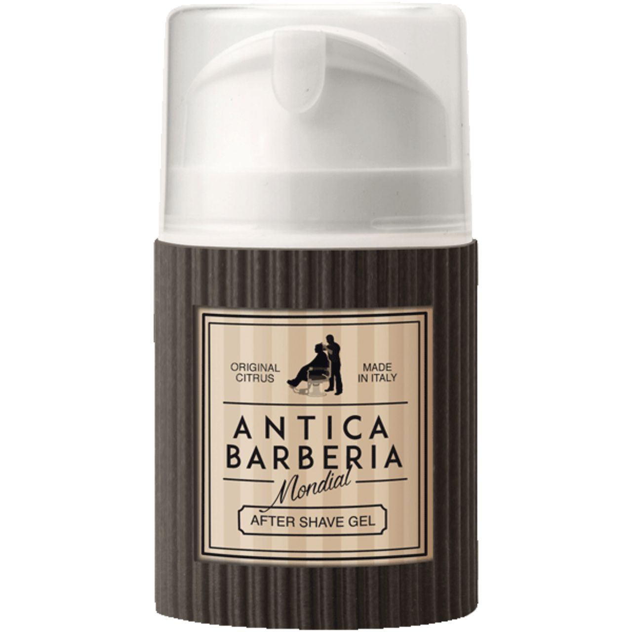 Zylinderförmige Flasche mit Pumpe. Auf dem Etikett: Antica Barberia, Mondial, After Shave Gel. Schwarze, geriffelte Hülle.