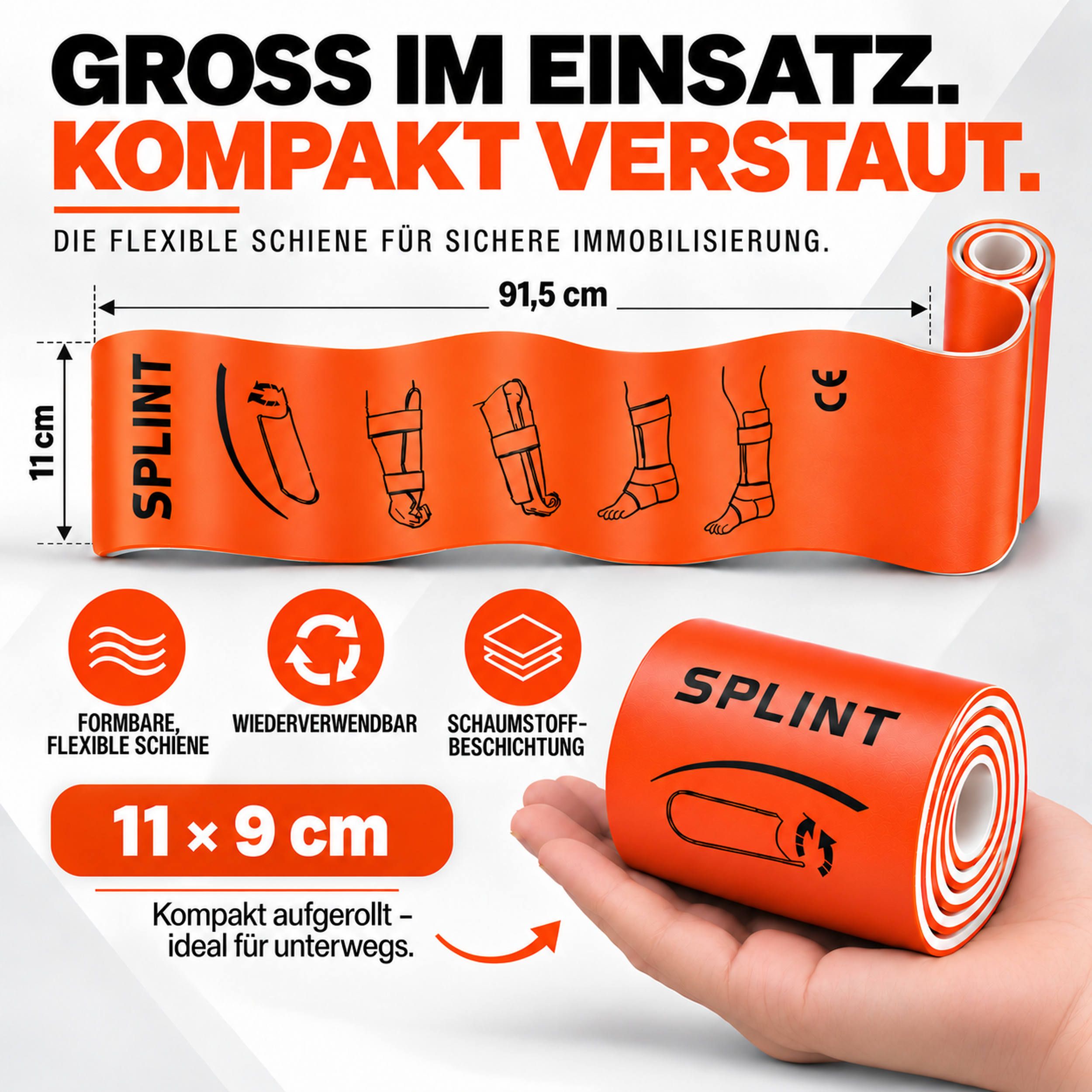 Orange Pulox Splint Schiene (91,5 x 11 cm), aufgerollt und ausgebreitet, mit Anwendungssymbolen und CE-Zeichen.