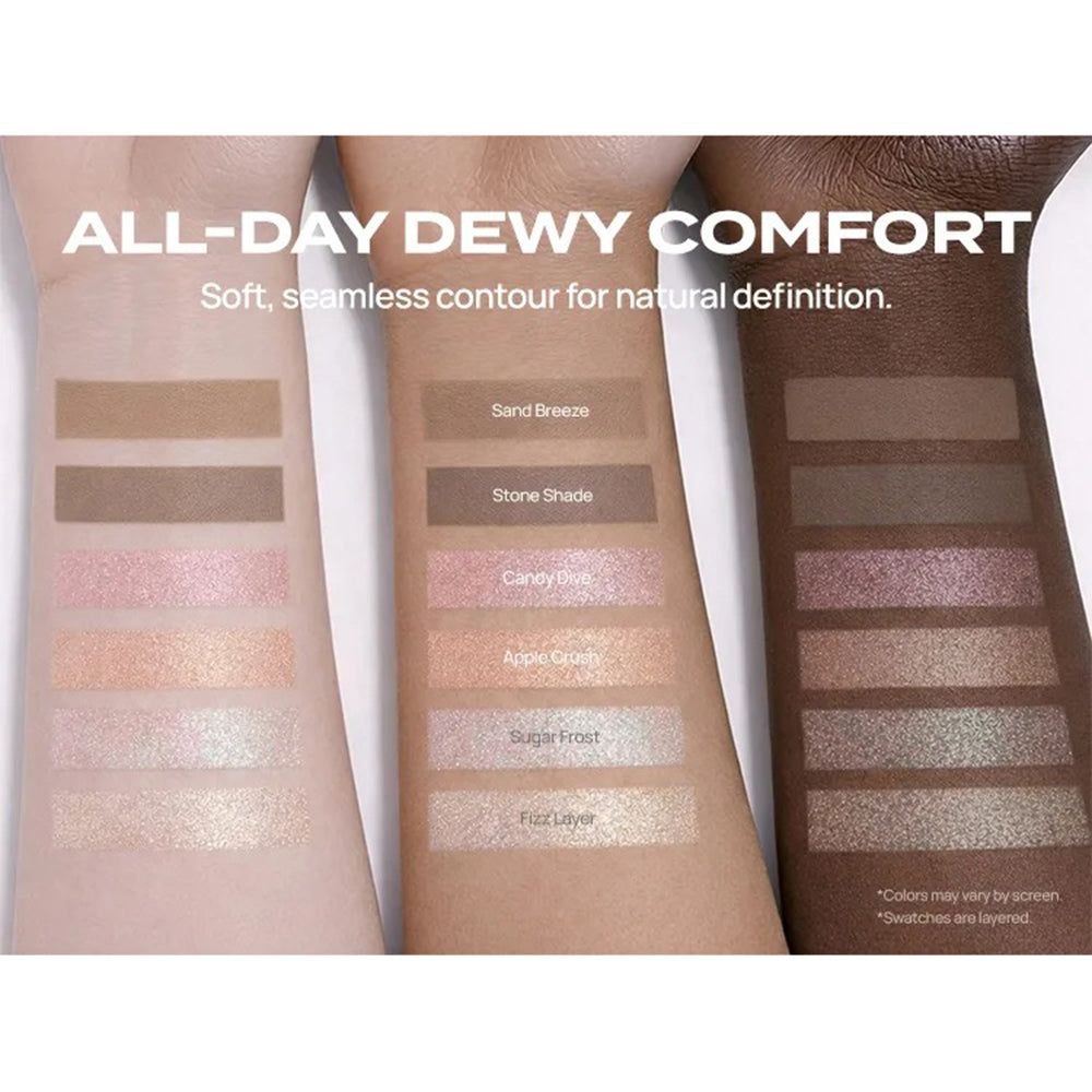 Haut-Swatches verschiedener BANILA CO Romantic Blush Contour Töne, einschließlich 02 Stone Shade.