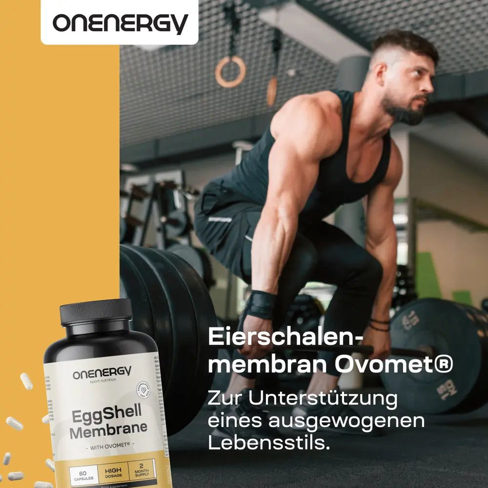 Flasche EggShell Membrane neben einem Mann beim Gewichtheben.