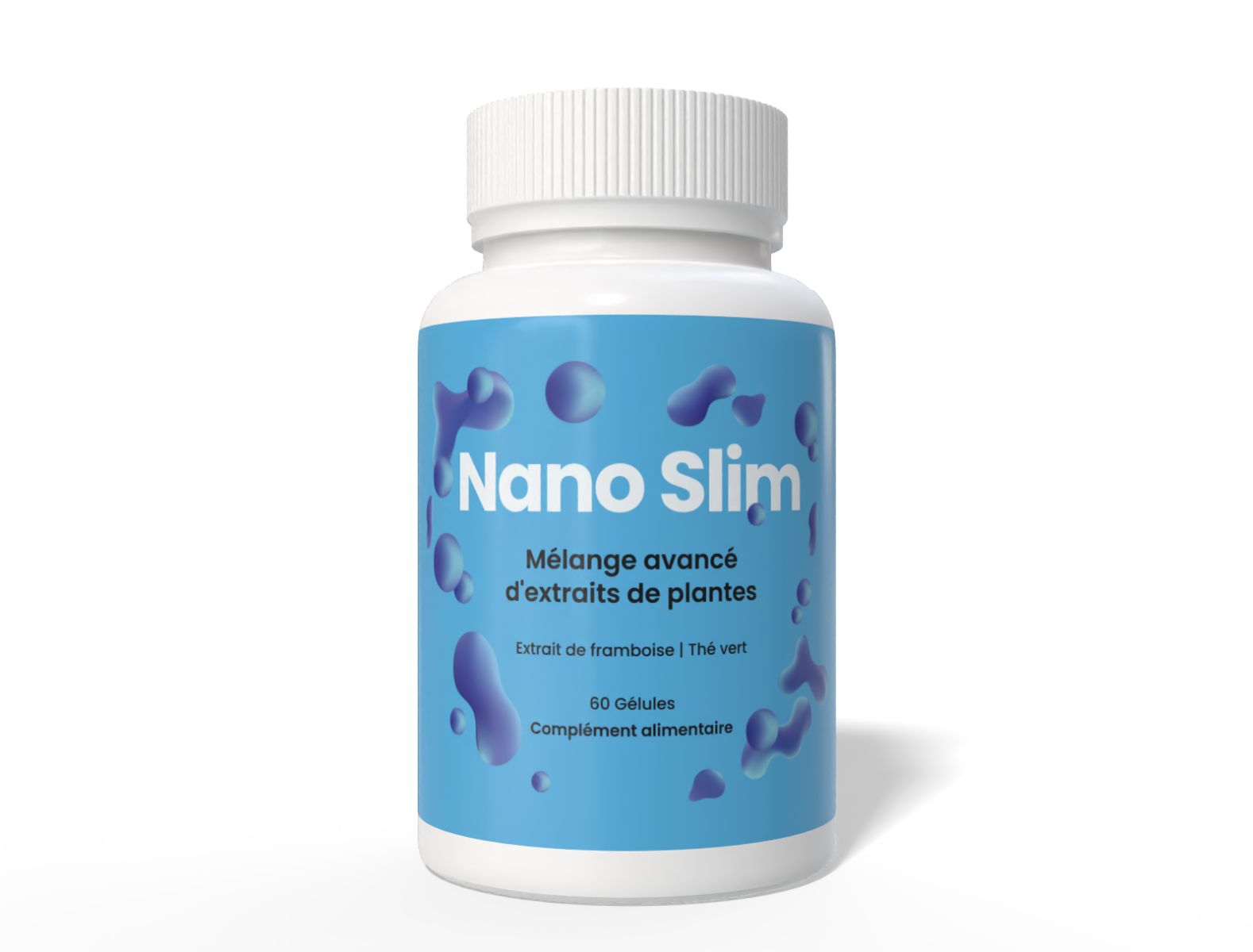 Weiße Flasche mit blauem Etikett. Aufschrift: Nano Slim, Mélange avancé d'extraits de plantes, 60 Gélules, Complément alimentaire.