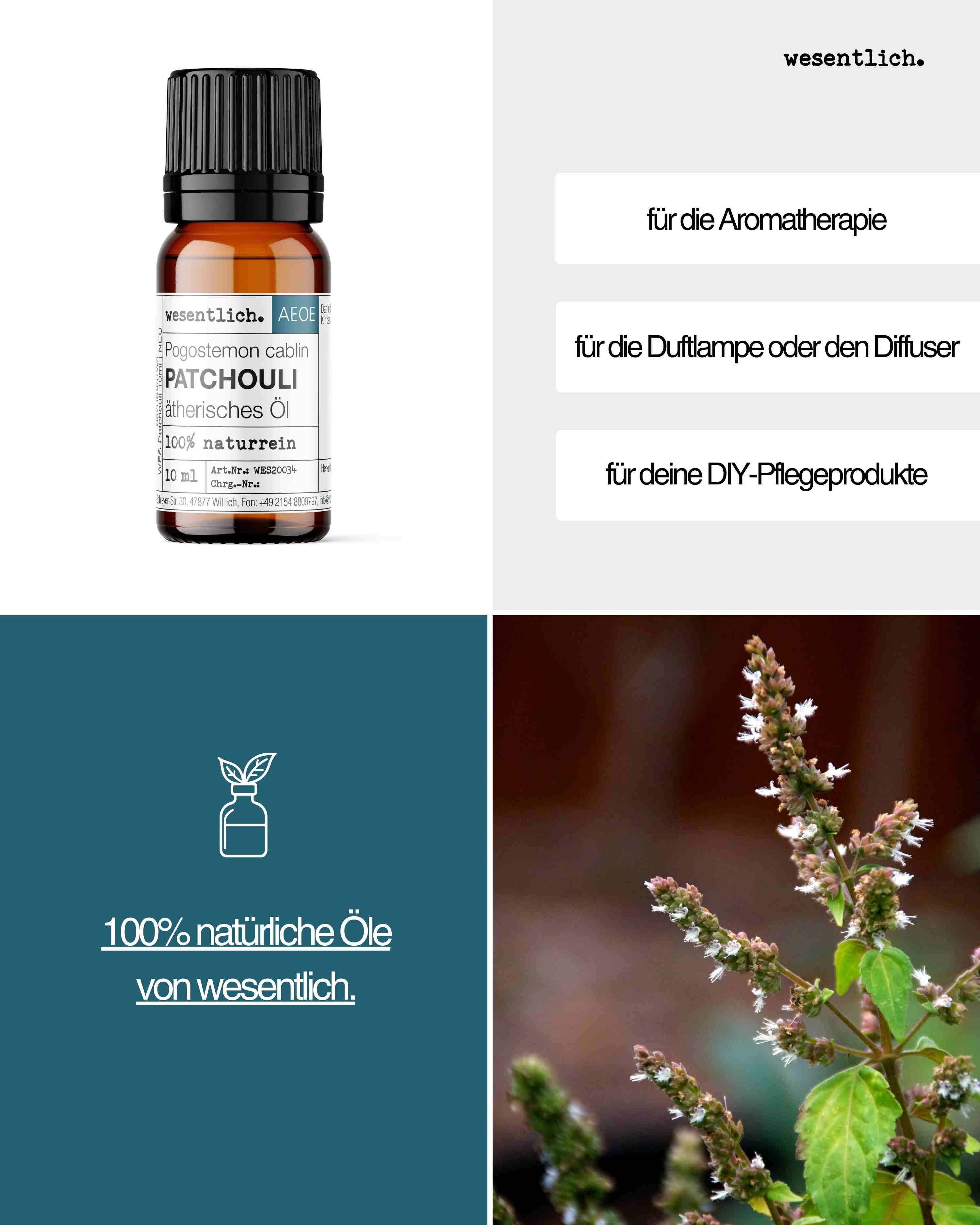 Flasche Patchouliöl neben Texten über Aromatherapie und DIY-Pflegeprodukte.