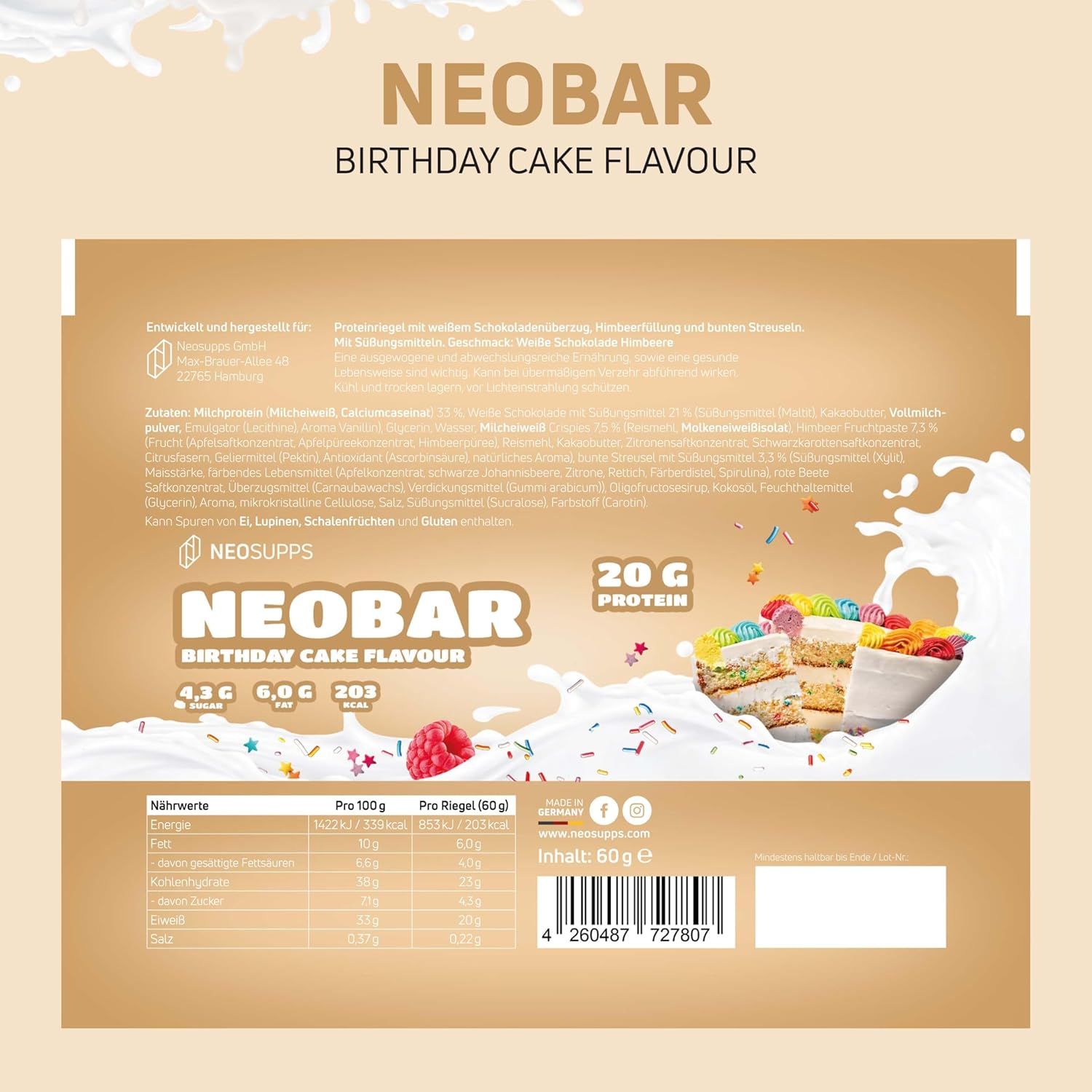 Verpackungsrückseite des Neosupps NeoBar Birthday Cake Proteinriegels mit Nährwertangaben.