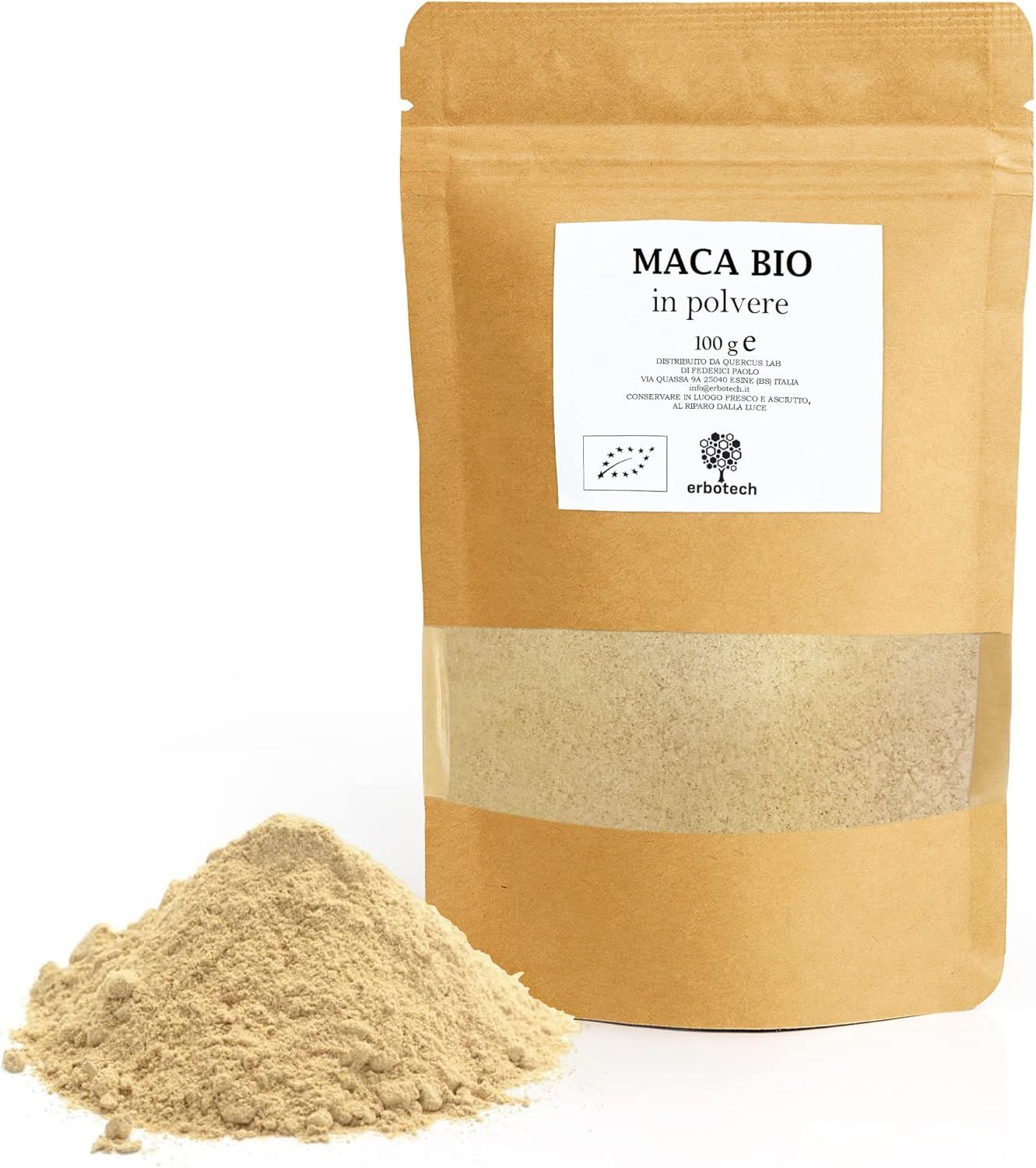 Beutel mit Maca Bio in Pulver. Aufschrift: 100 g. Bio-Zertifizierung. Daneben ein Haufen Pulver.
