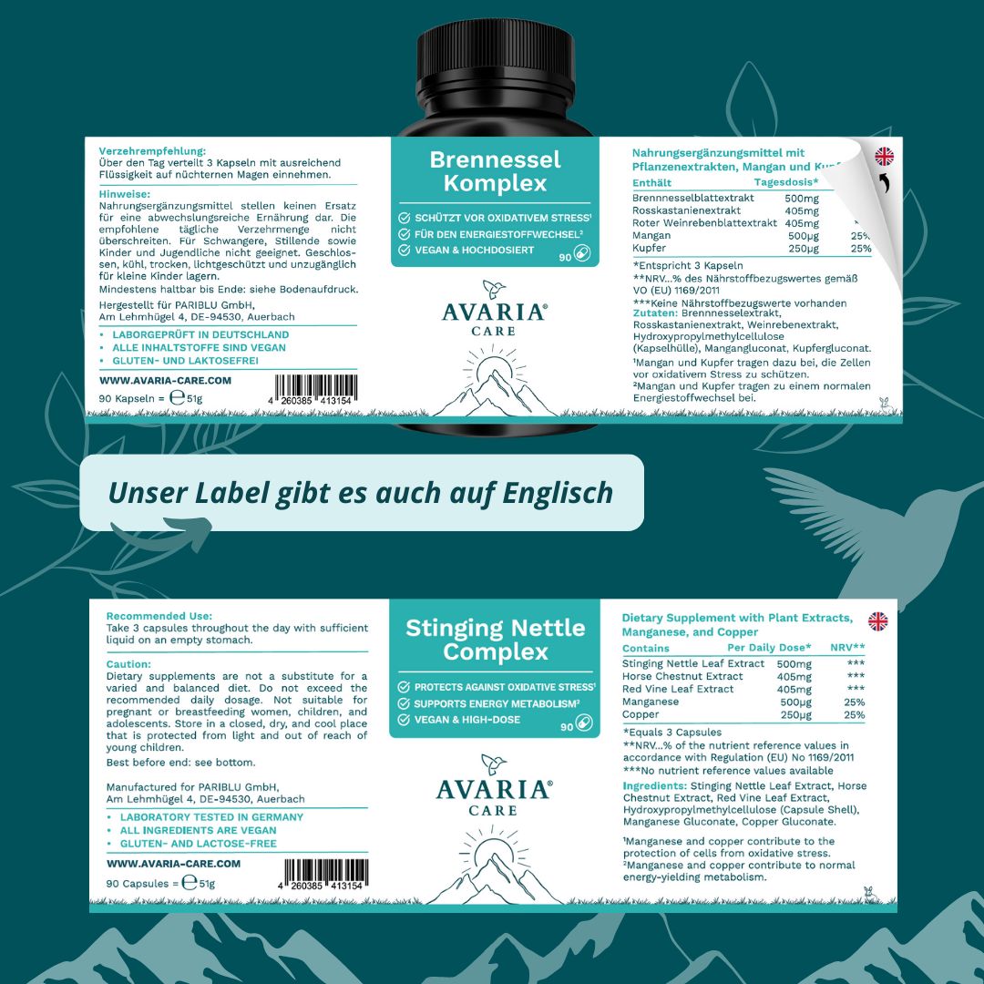 Flasche Brennnessel Komplex mit Etikett. Text: AVARIA CARE, Brennnessel Komplex, vegan & hochdosiert. Zweites Etikett auf Englisch: Stinging Nettle Complex.