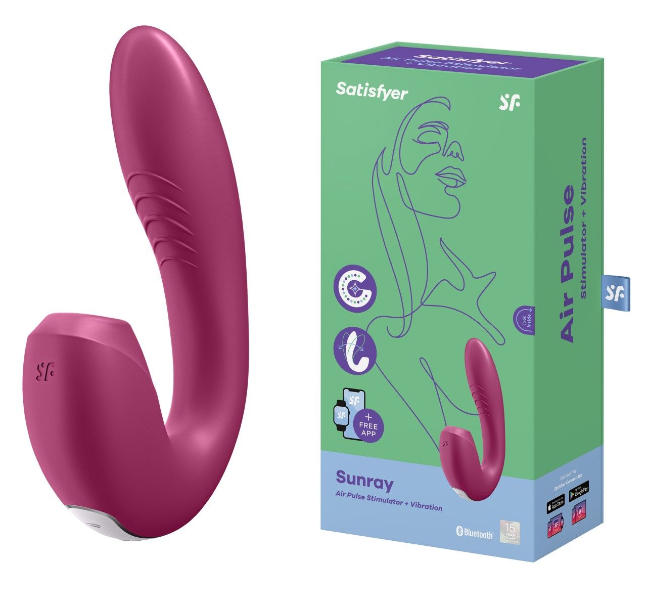 Rosa Gerät und Verpackung. Aufschrift: Satisfyer, Air Pulse, Sunray, Bluetooth. Illustration eines Gesichts.