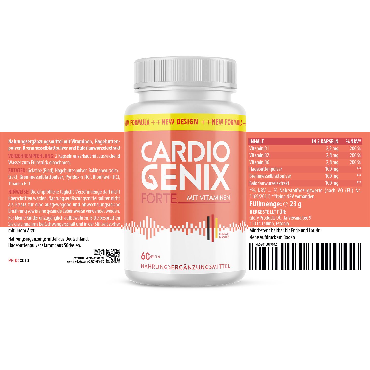 Weiße Flasche mit rotem Etikett. Aufschrift: Cardio Genix Forte, 60 Kapseln. Text und Nährwertangaben.