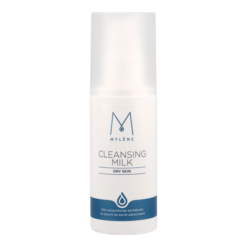 Mylène Cleansing Milk für trockene Haut in weißer Spenderflasche mit blauem Etikett.