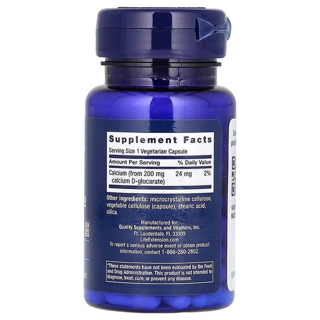 Rückseite einer Flasche Life Extension Calcium D-Glucarat mit Nährwertangaben und Inhaltsstoffen.