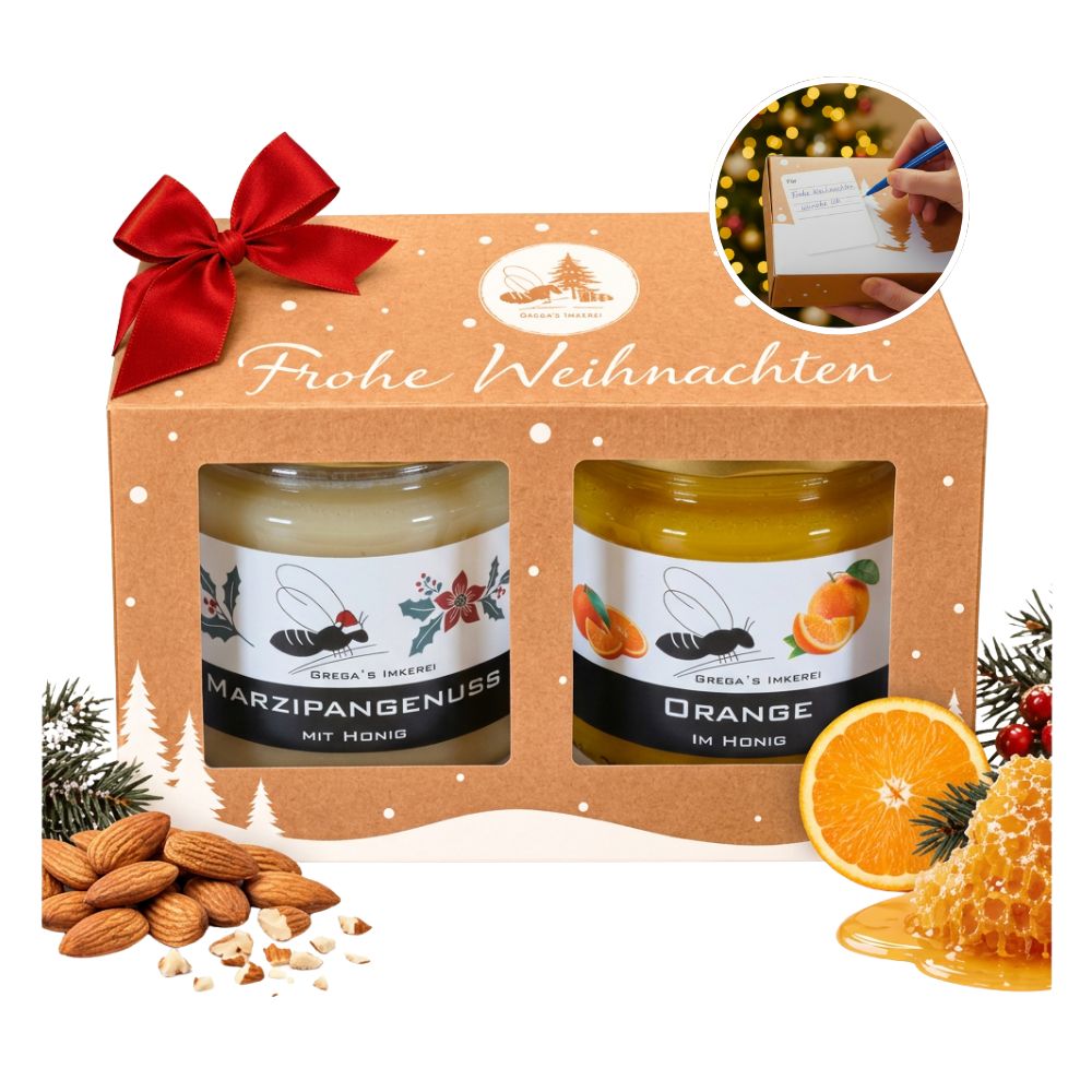 Grega´s Imkerei 2er Geschenkset Frohe Weihnachten Marzipangenuss und Orange im Honig 500 g