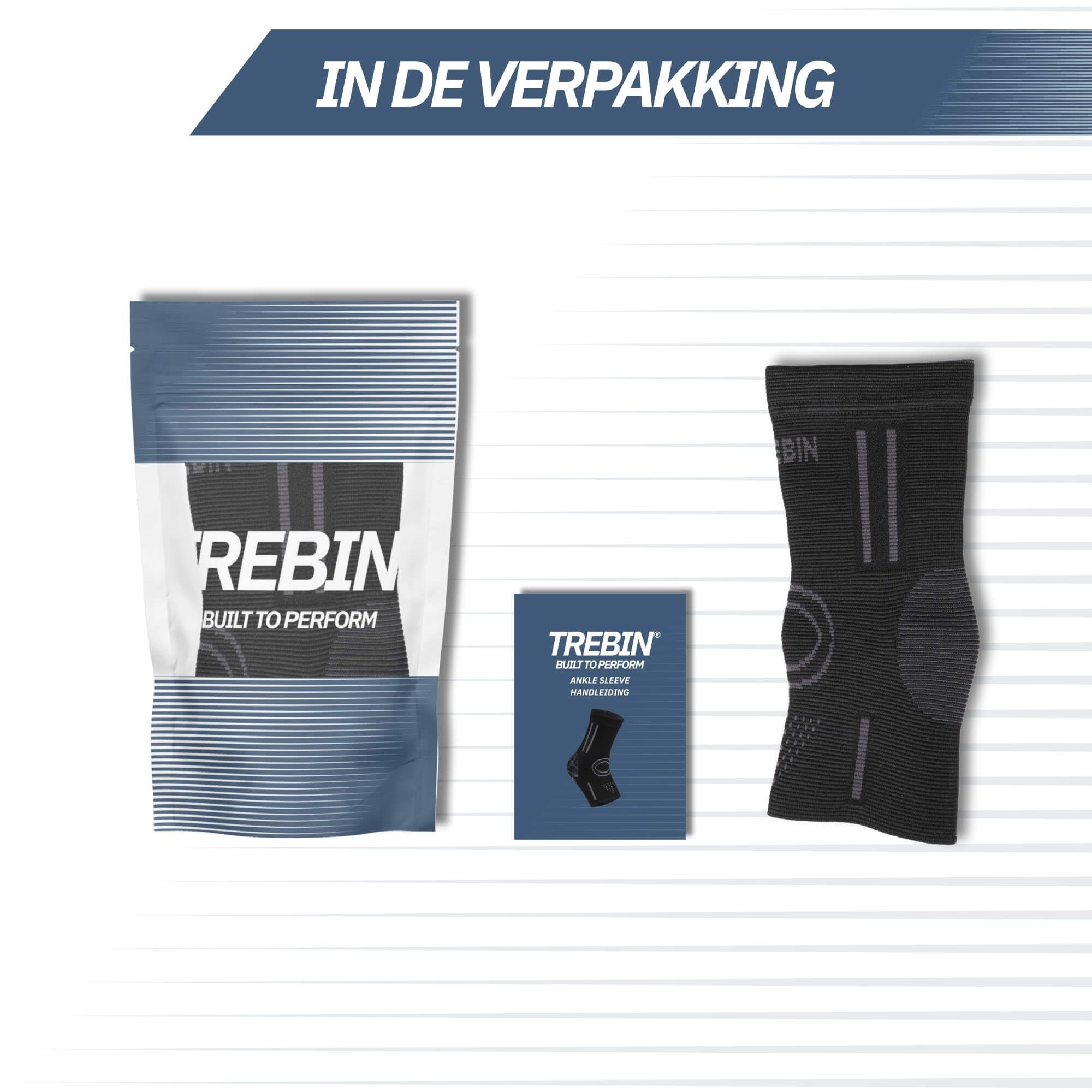 Verpackungsinhalt: Eine schwarze Knöchelbandage, eine Anleitung und eine Verpackung.