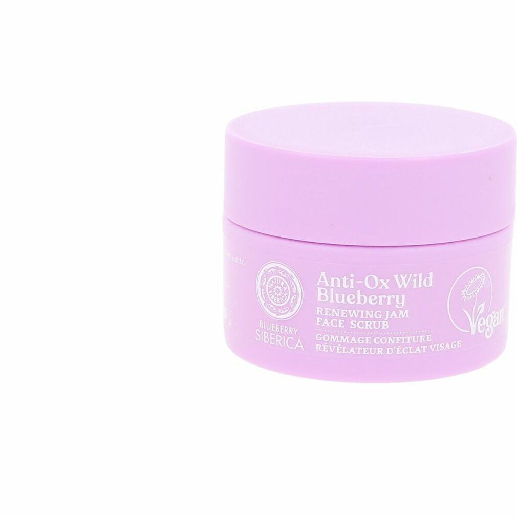 Lila Tiegel mit Produktnamen und Logo. Aufschrift: Anti-Ox Wild Blueberry Renewing Jam Face Scrub. Vegan-Siegel.
