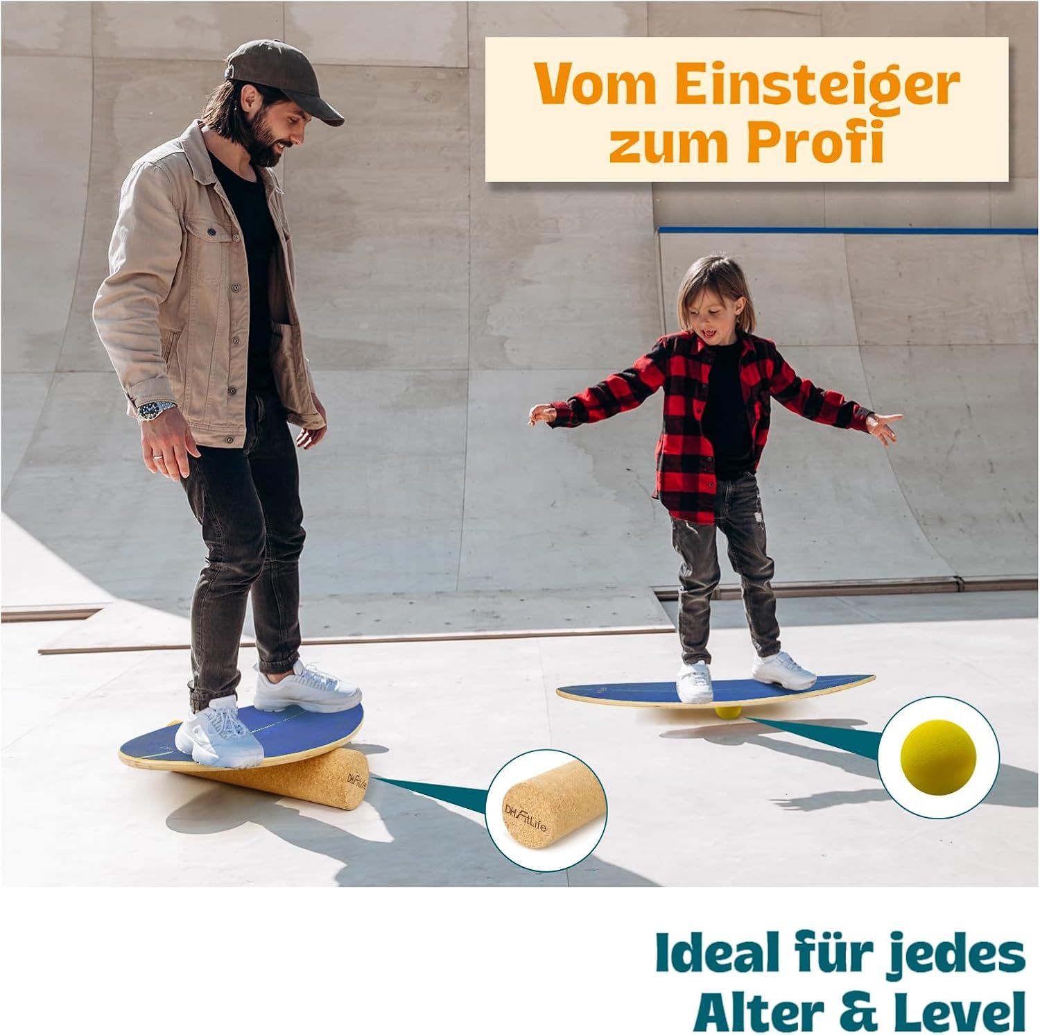 Zwei Personen auf Balanceboards. Text: Vom Einsteiger zum Profi. Ideal für jedes Alter & Level. Korkrolle und gelber Ball. DH FitLife Logo auf der Rolle.