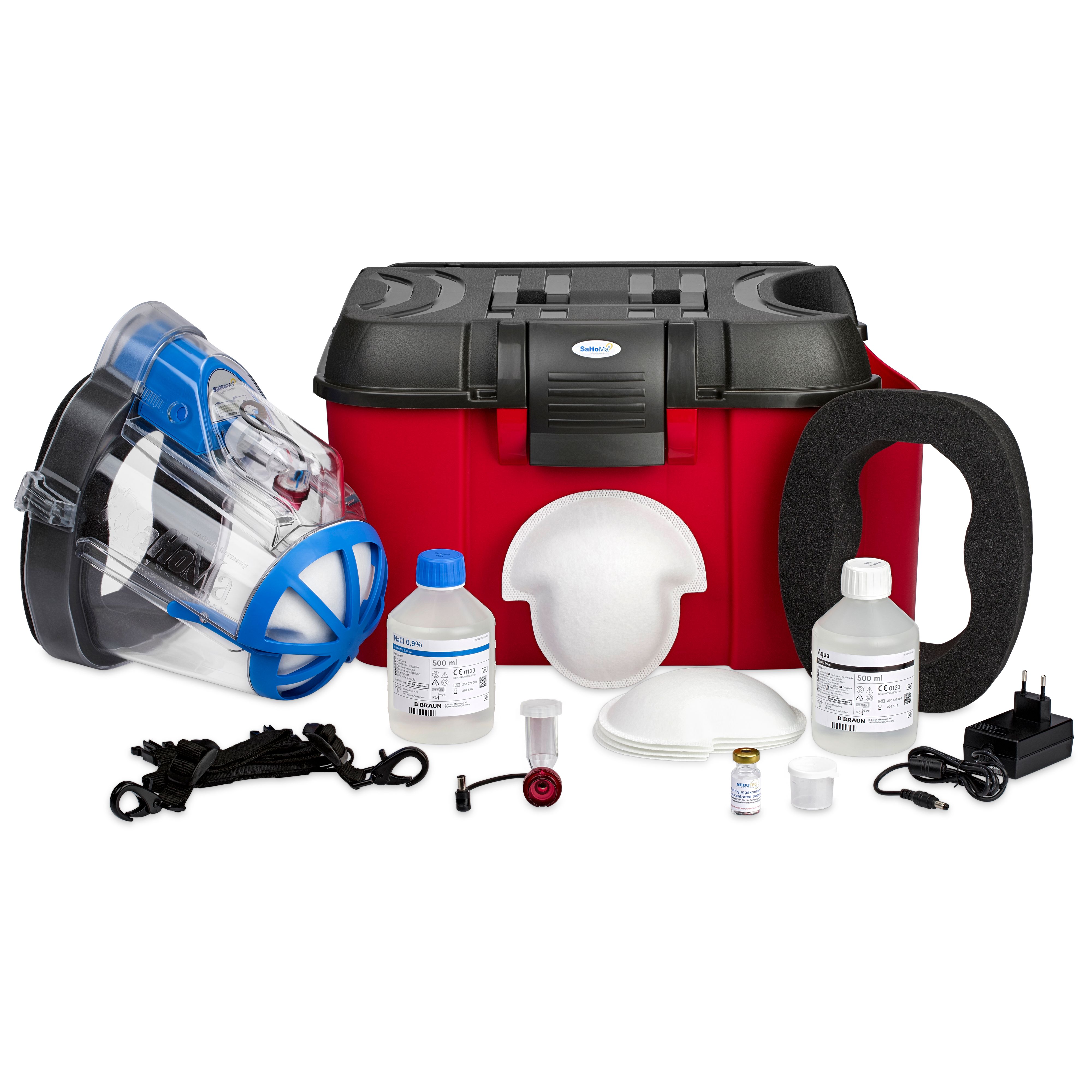Inhalationsset mit Maske, Flaschen, Zubehör und roter Box. Schwarzer Deckel.