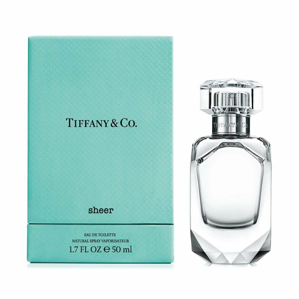 Türkisfarbene Schachtel und transparente Parfumflasche. Auf der Schachtel steht "Tiffany & Co.". Auf der Flasche steht "Sheer".