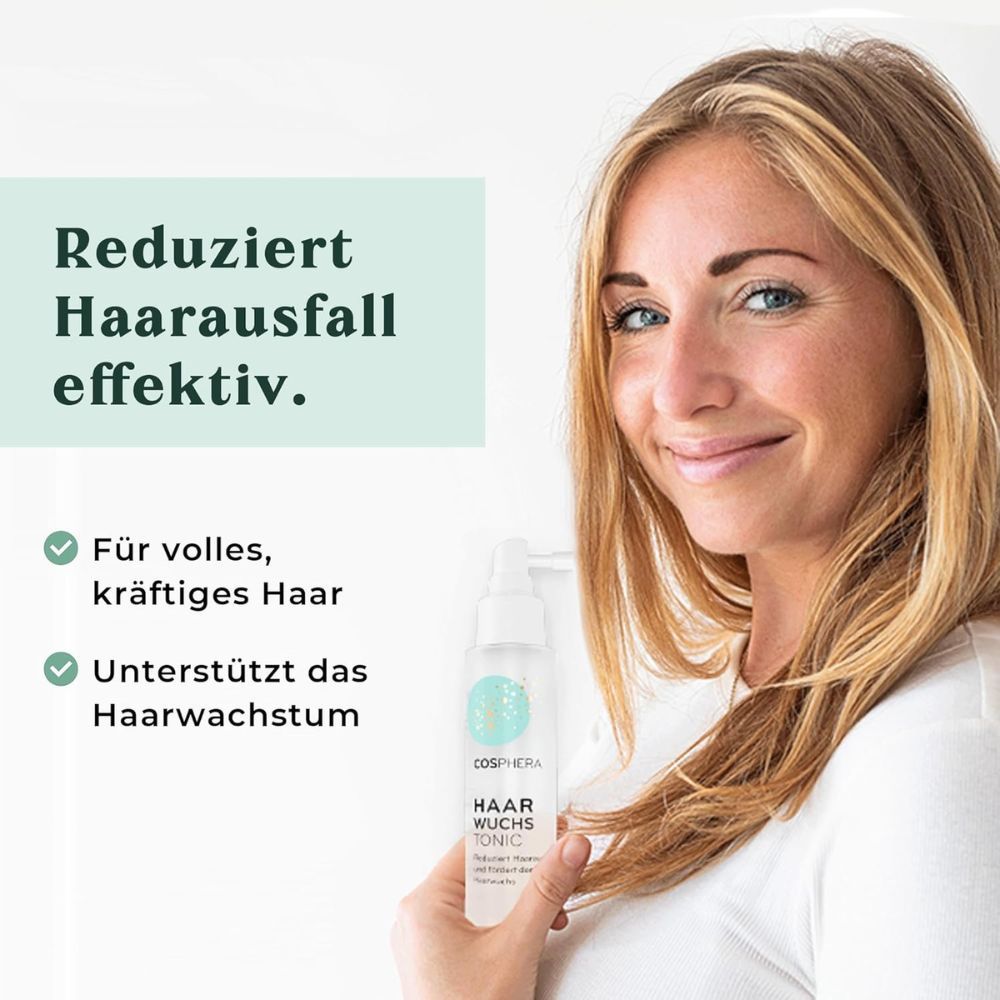 Frau hält eine Flasche Haarwuchs Tonic. Text: Reduziert Haarausfall effektiv. Für volles, kräftiges Haar. Unterstützt das Haarwachstum.