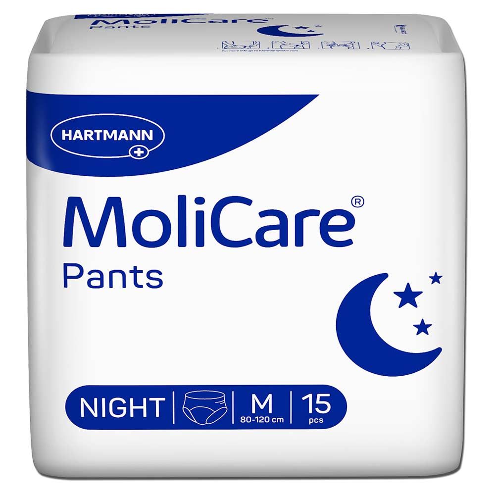 Weiße Verpackung mit MoliCare Pants Night M. Logo, Mond- und Sternsymbol. Größe M, 80-120 cm, 15 Stück.