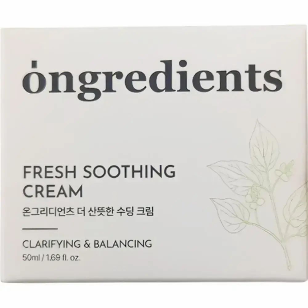 Weiße Produktverpackung. Aufschrift: ONGREDIENTS, FRESH SOOTHING CREAM, koreanischer Text, CLARIFYING & BALANCING. 50ml/1.69 fl. oz. Illustration.