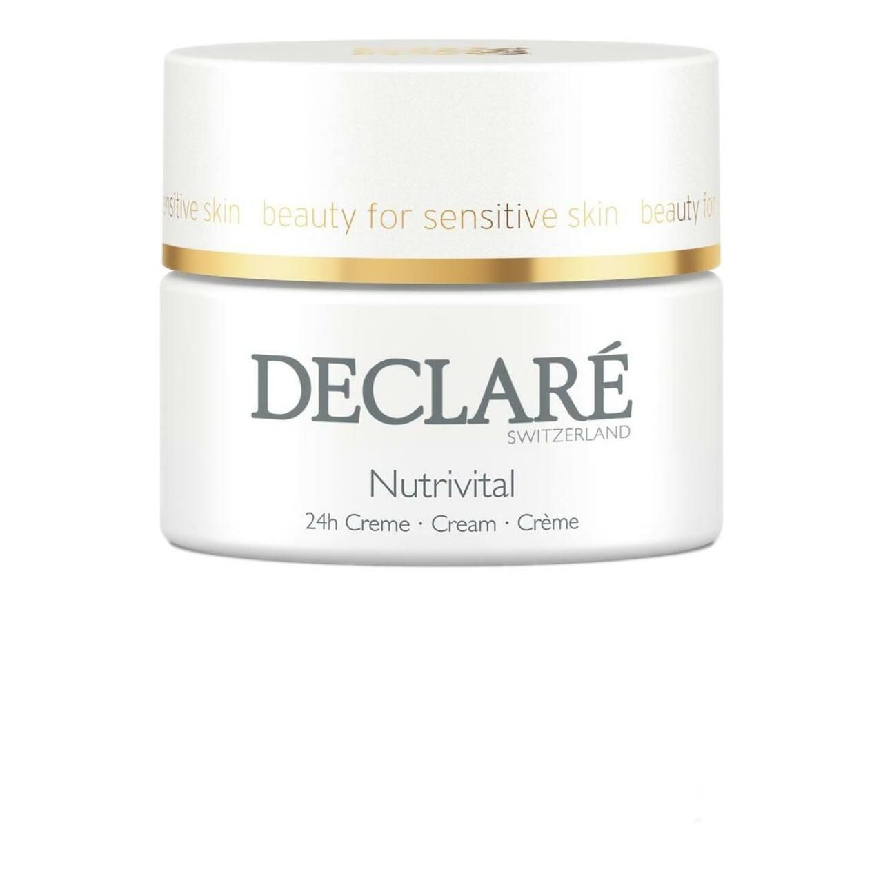 Weißer Tiegel mit goldfarbenem Deckel. DECLARÉ-Logo und Produktname Nutrivital. Text: 24h Creme.