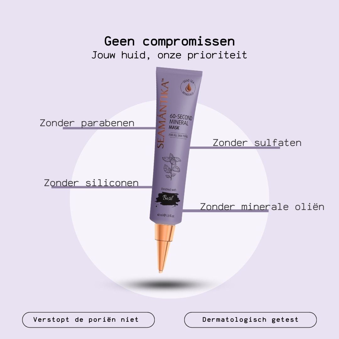 Paarse tube met mineralenmasker. Tekst: SEAMANTIKA, 60-Second Mineral Mask, Basilicum. Zonder compromissen.