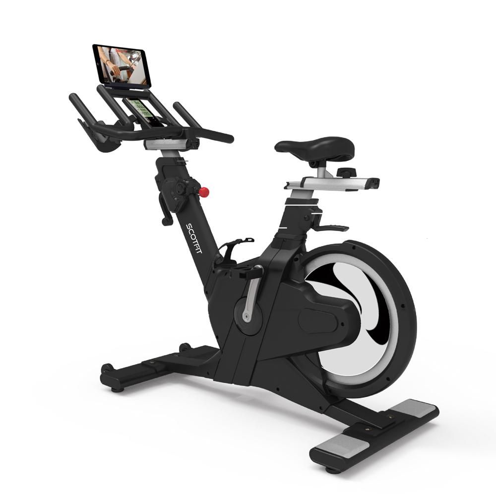 Schwarzes Heimtrainer mit Tablet-Halterung. "SCOTFIT" Schriftzug. Magnetwiderstand. Sattel und Lenker einstellbar.